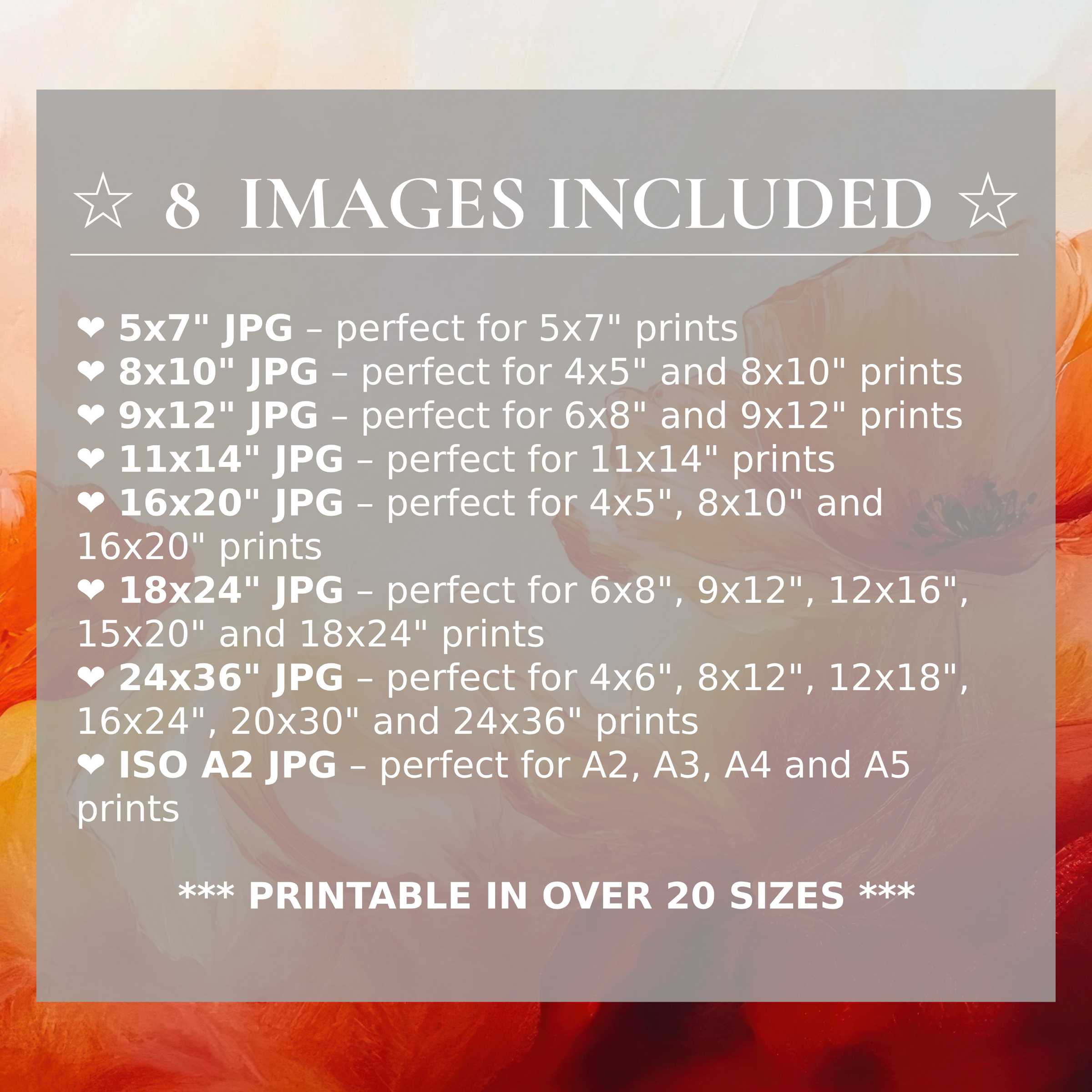 Radiant floral digital print in warm orange and soft peach hues, offered in 8 high-quality sizes included with the download, perfect to elevate modern interiors with versatile, stylish charm