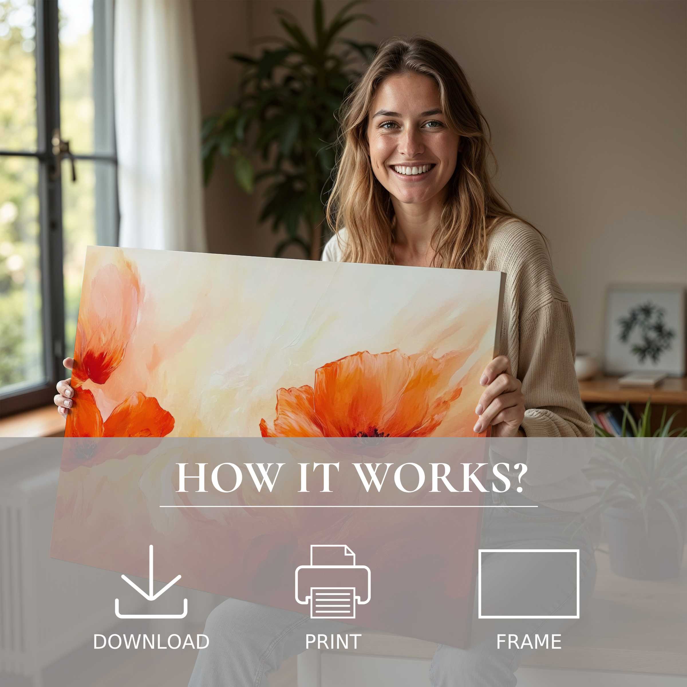 A woman radiates joy as she brings a vibrant floral digital art print to life, elevating her modern home with effortless elegance