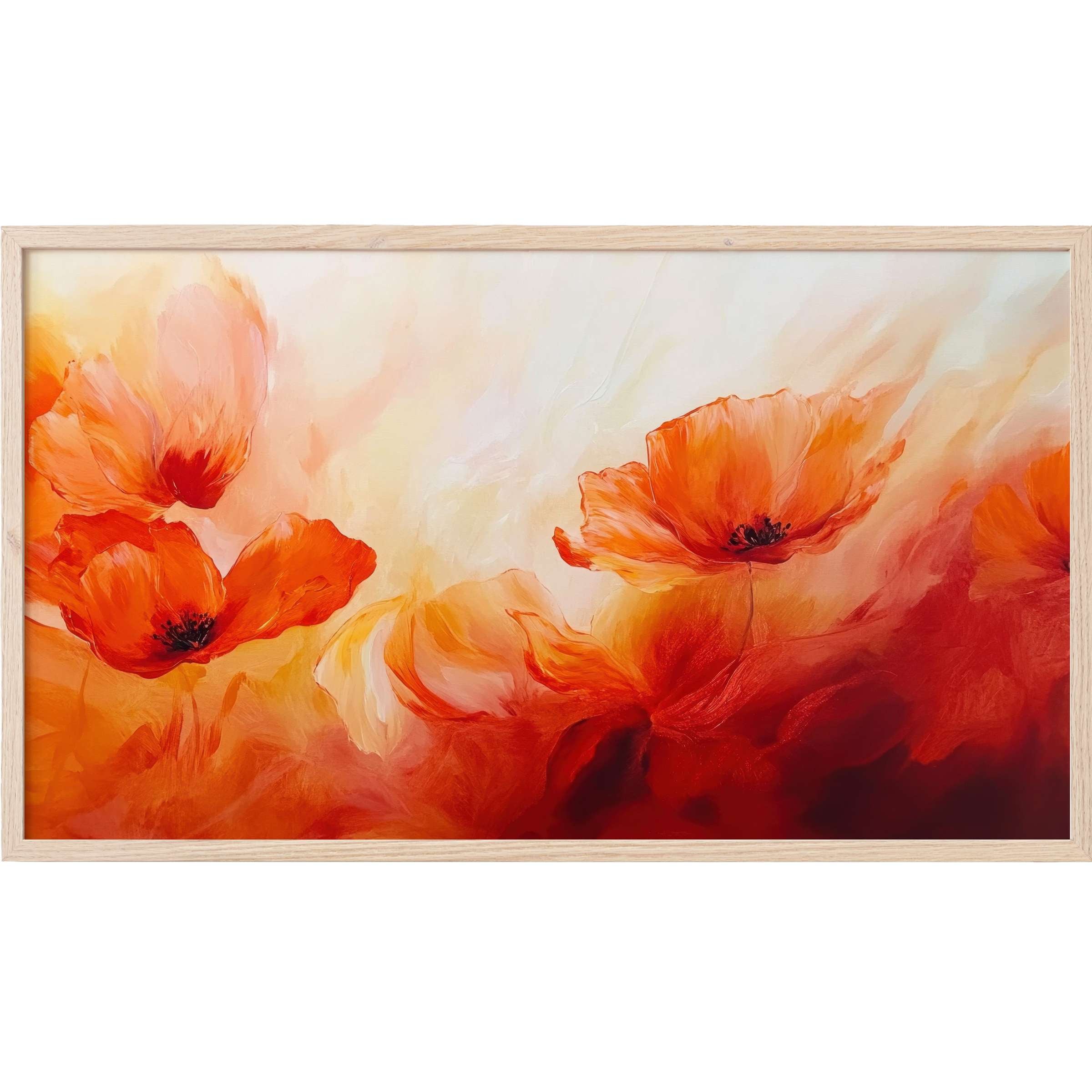 Vibrant orange poppies in soft focus with warm gradients, minimal brushstrokes, Floral Frame TV Art in natural wood frame