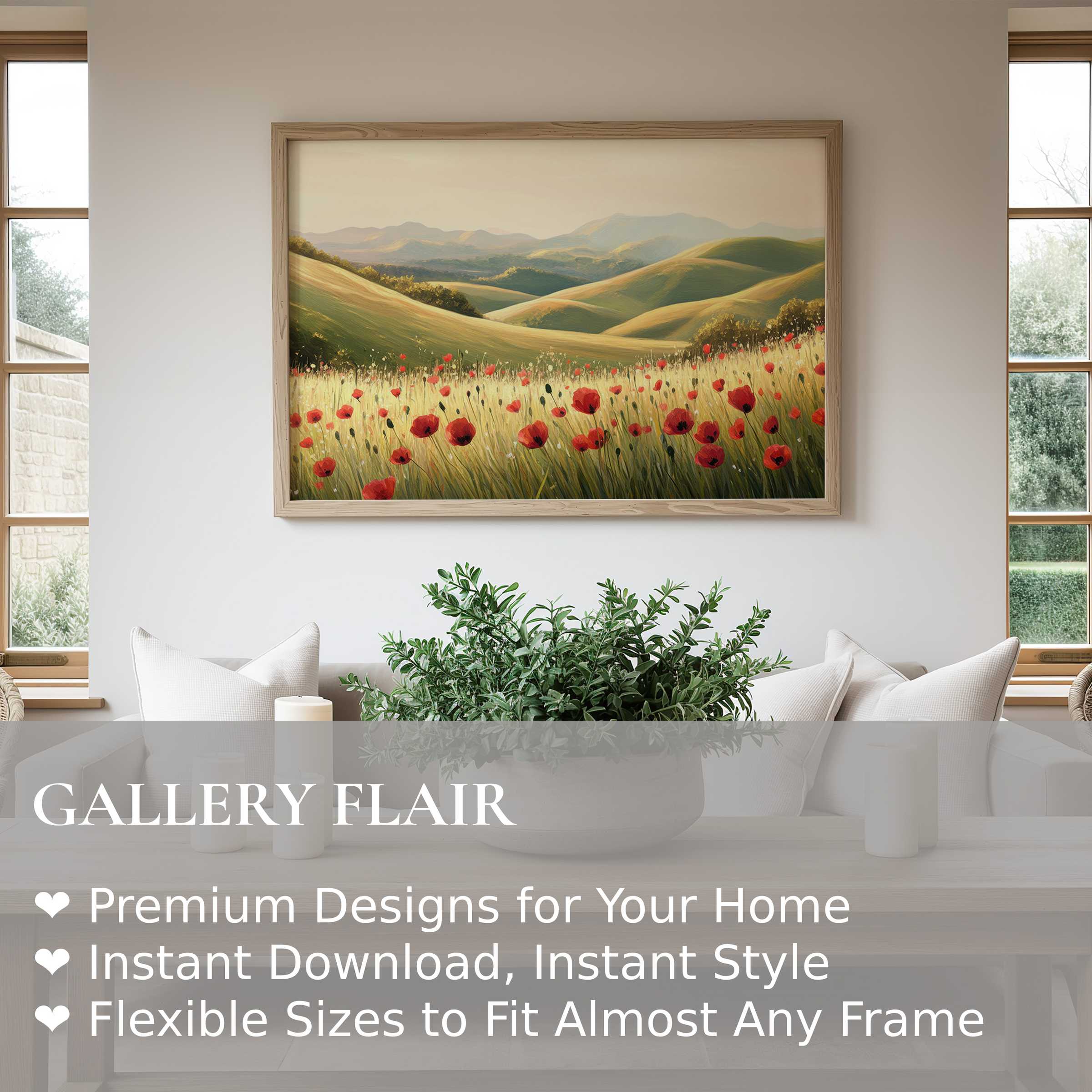 Spring wall art print capturing a serene poppy meadow with rolling hills, enhancing modern minimalist interiors with soft, radiant calm