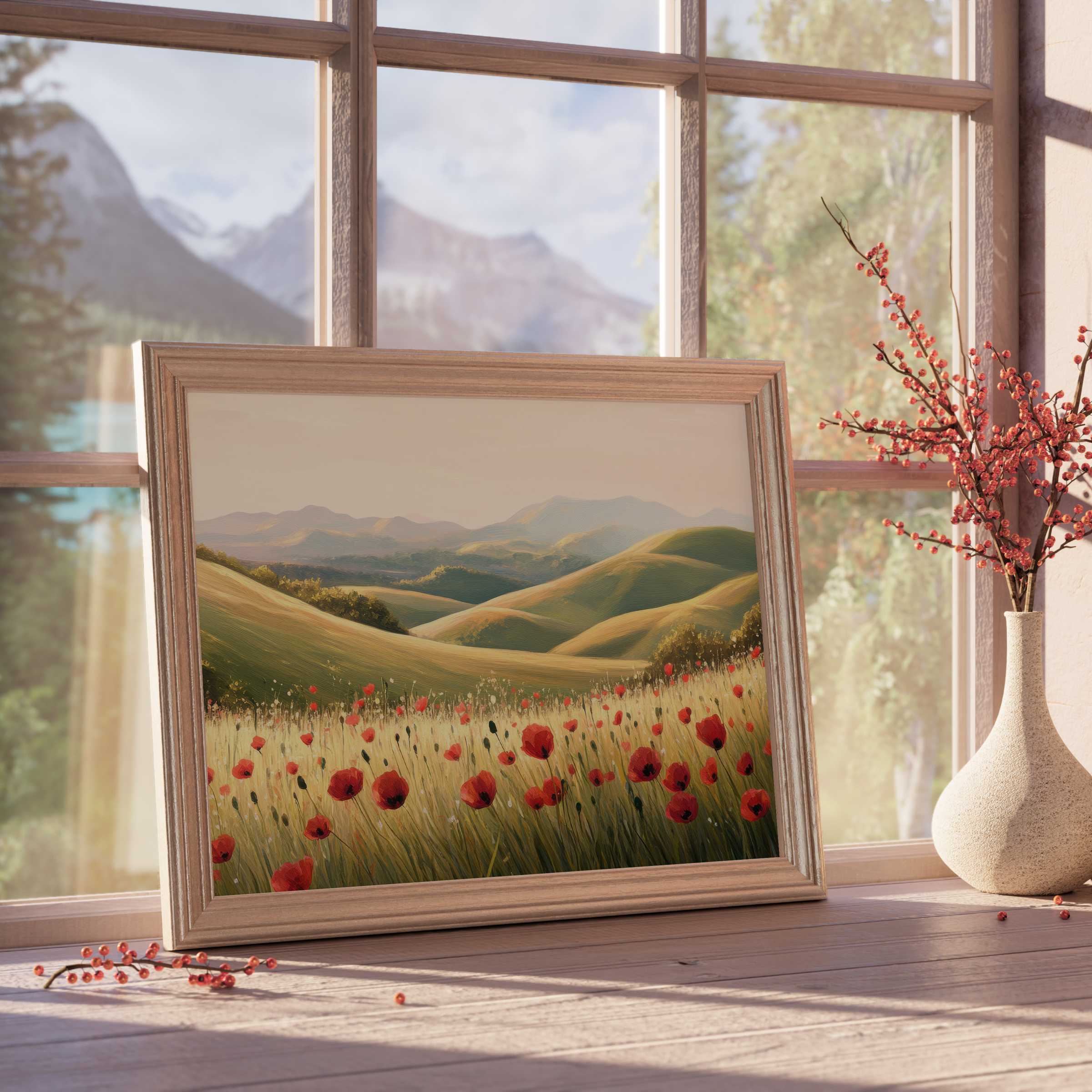 Spring downloadable art of serene rolling hills with vibrant poppies, elevating tranquil, curated interiors with warm natural light