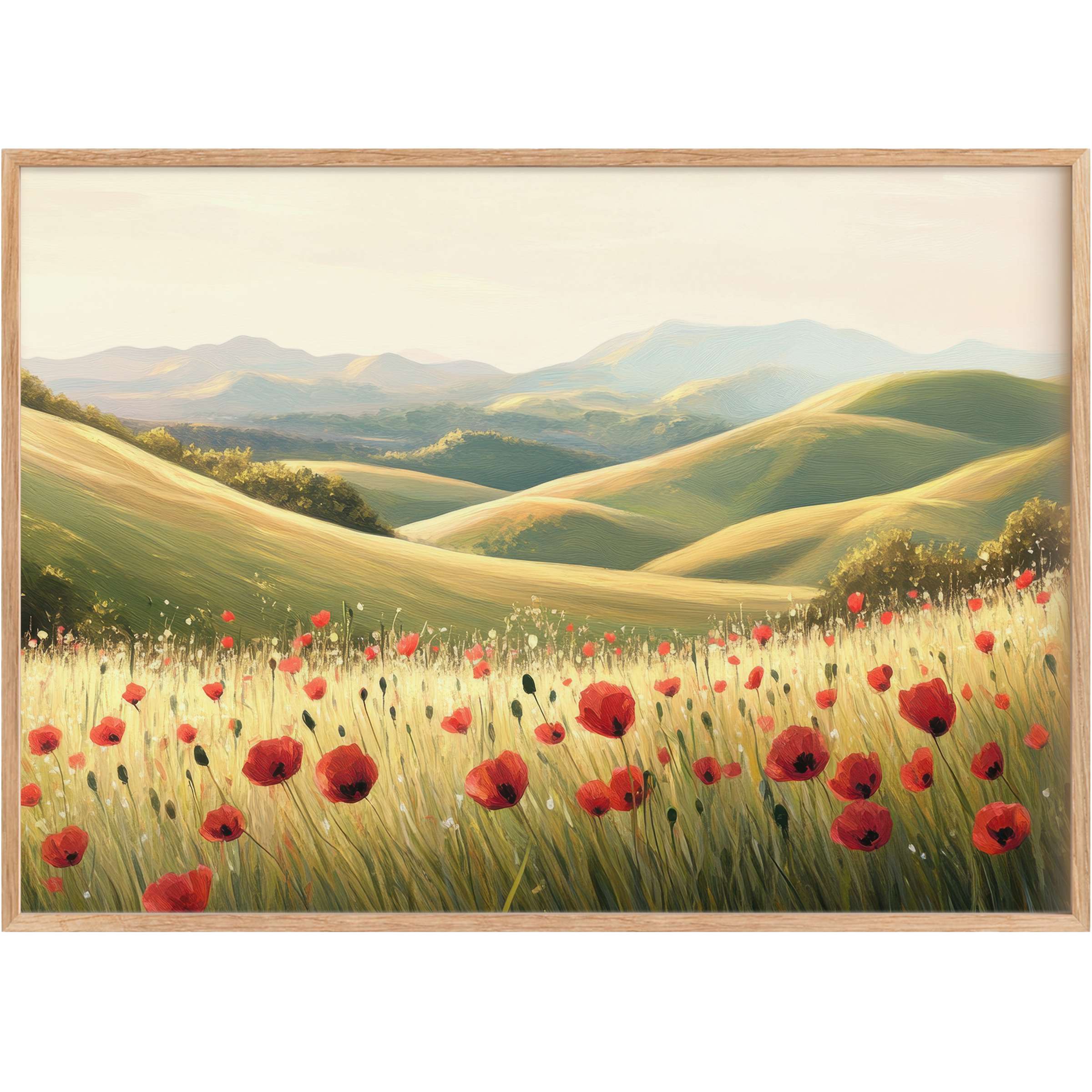 Radiant spring printable wall art featuring sunlit rolling hills and vibrant red poppies, evoking warmth and serene elegance