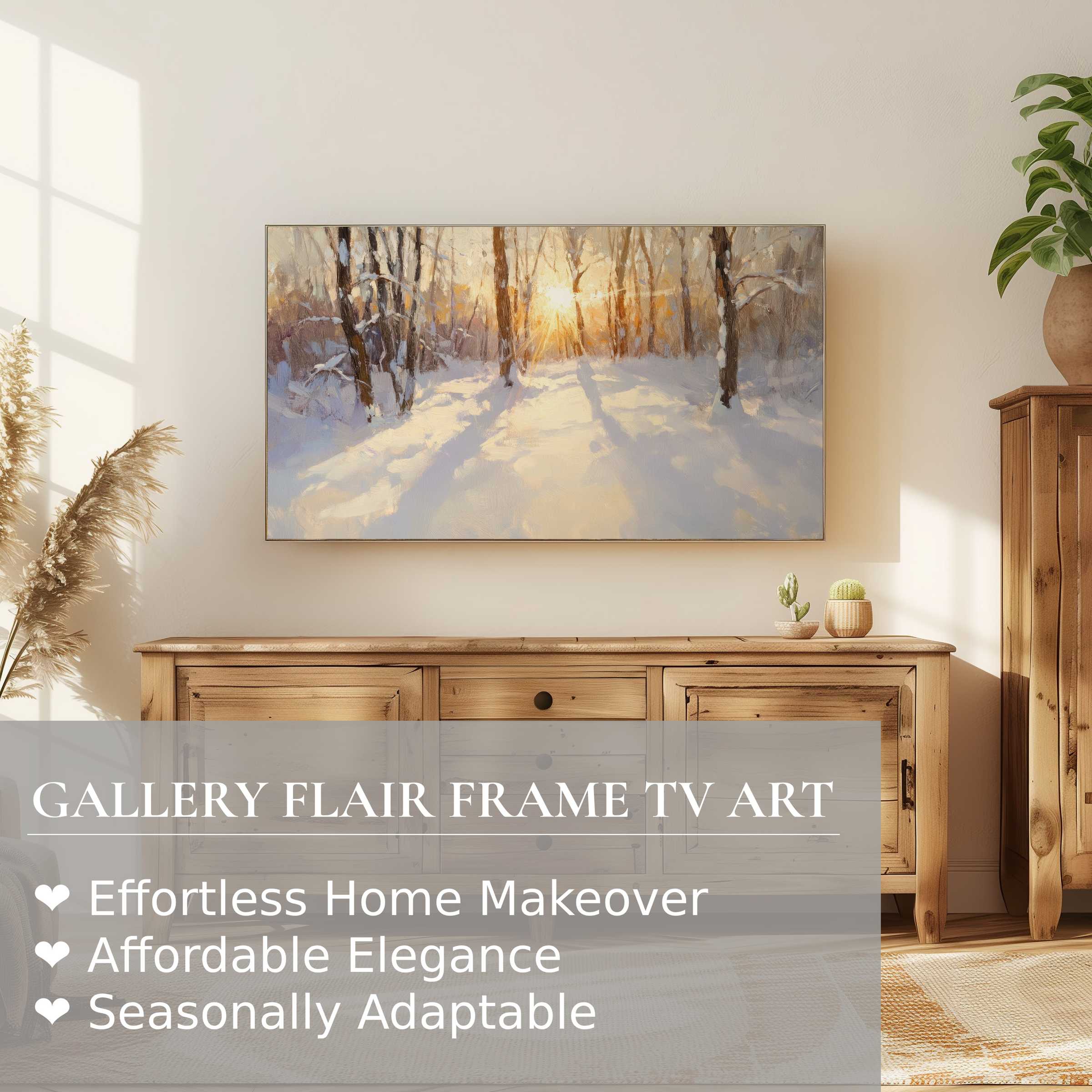 Samsung Frame TV displays serene winter digital artwork in a warm, elegant living room setting for refined decor