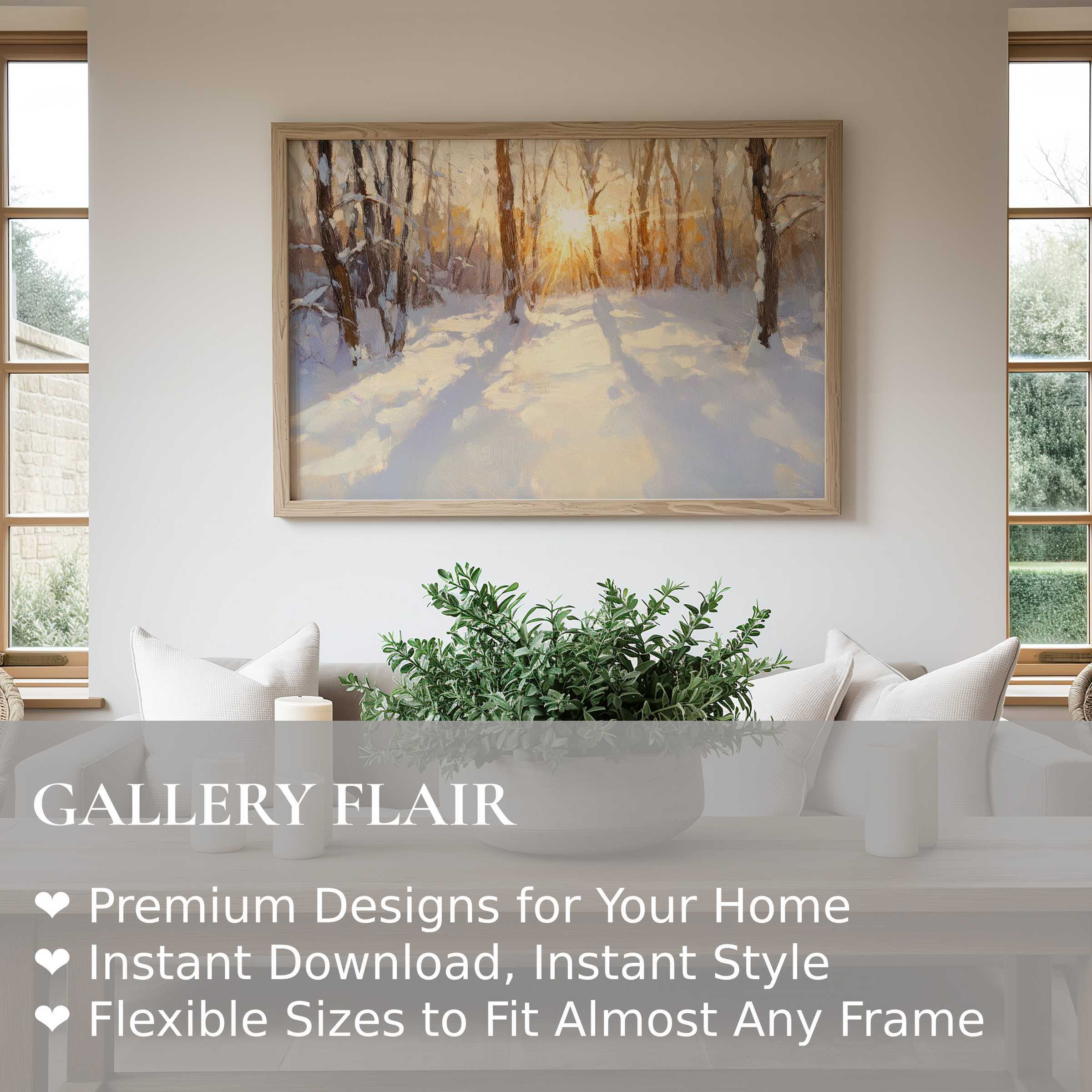 Winter wall art print capturing a radiant sunrise through snow-laden woods, enhancing a modern minimalist living space with soft, calming elegance