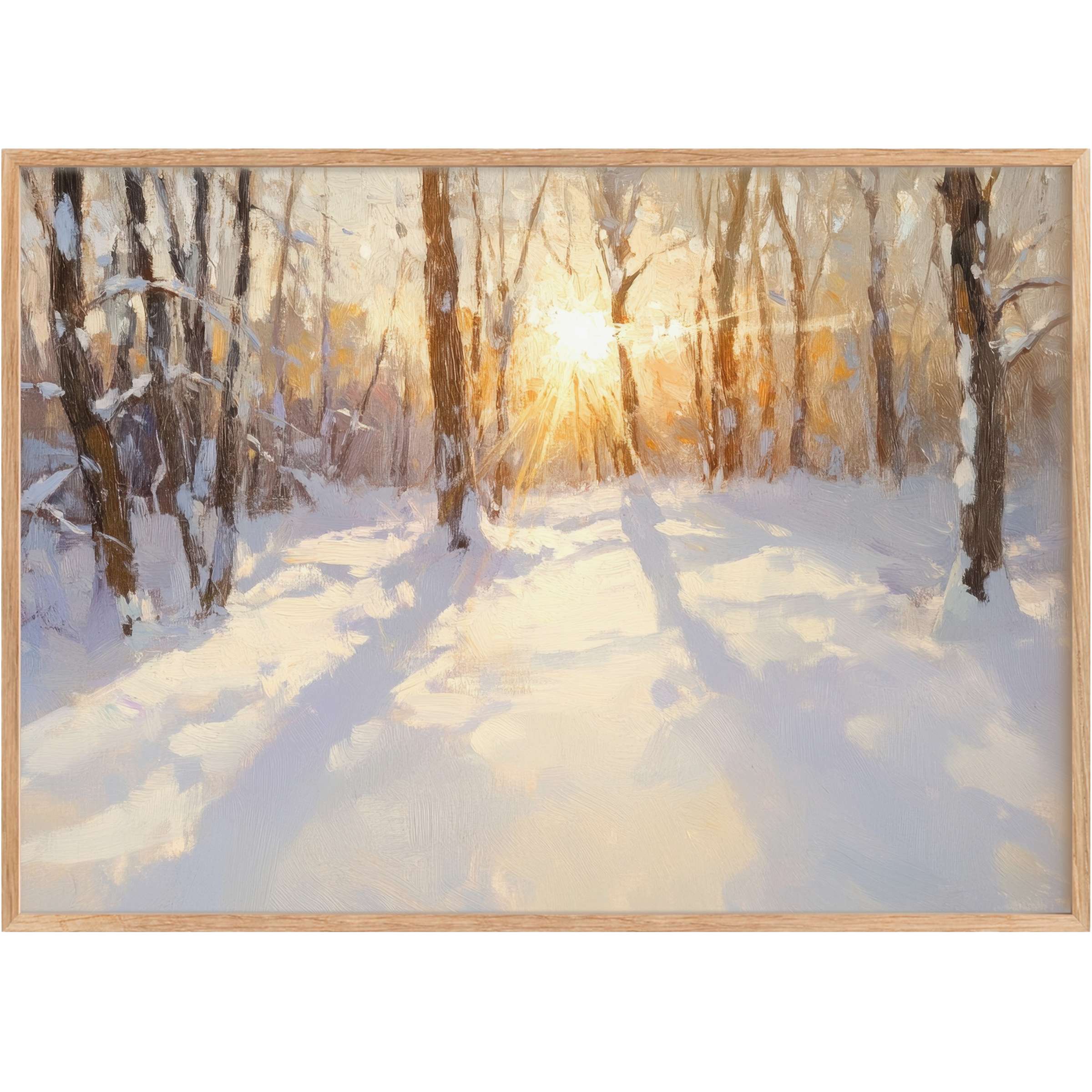 Winter printable wall art capturing a serene forest bathed in golden sunlight, evoking warmth and quiet elegance