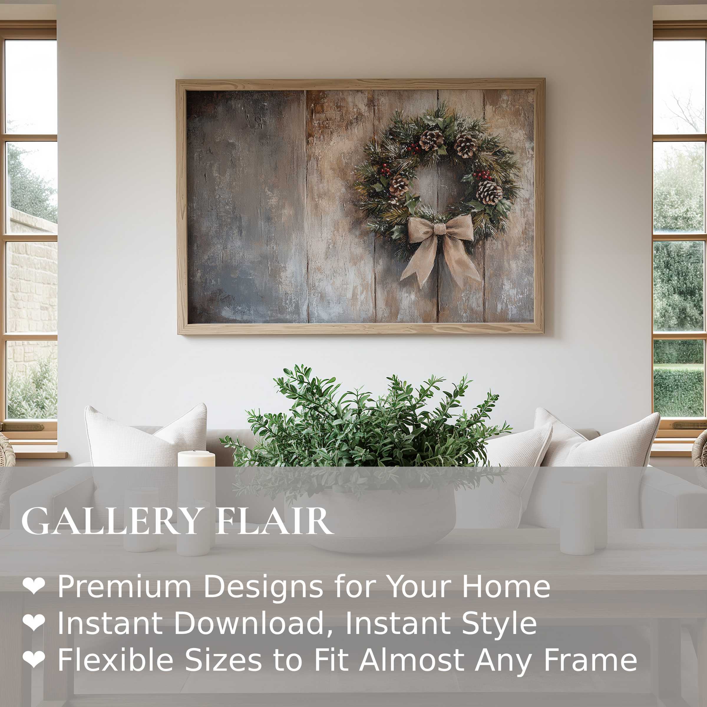 Christmas wall art print featuring a rustic pinecone wreath with soft, warm tones, enhancing modern farmhouse interiors with cozy charm