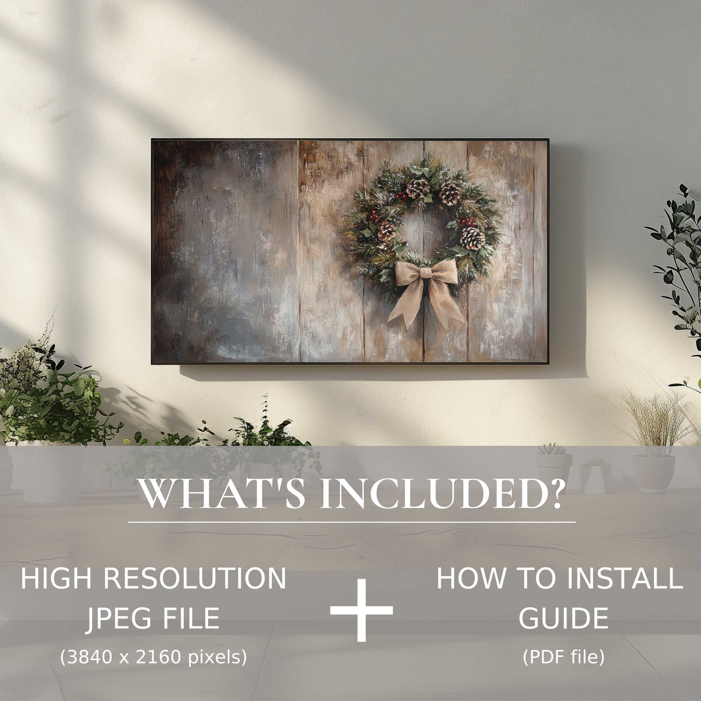 Elegant wreath Christmas digital TV art download, transforming living spaces with ease and modern digital charm