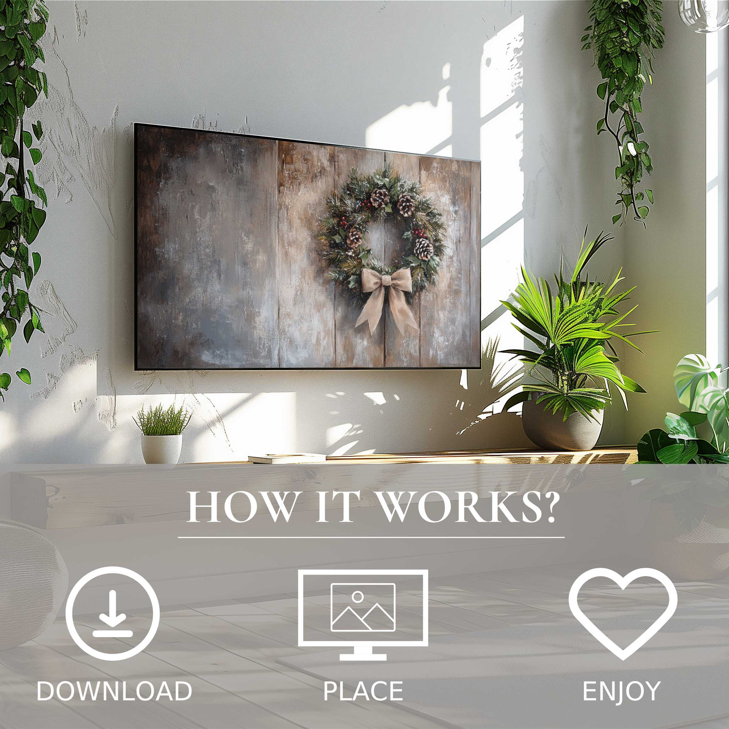 Minimalist living space with greenery, easy digital download; christmas art for Samsung TV shows rustic wreath motif enriching decor