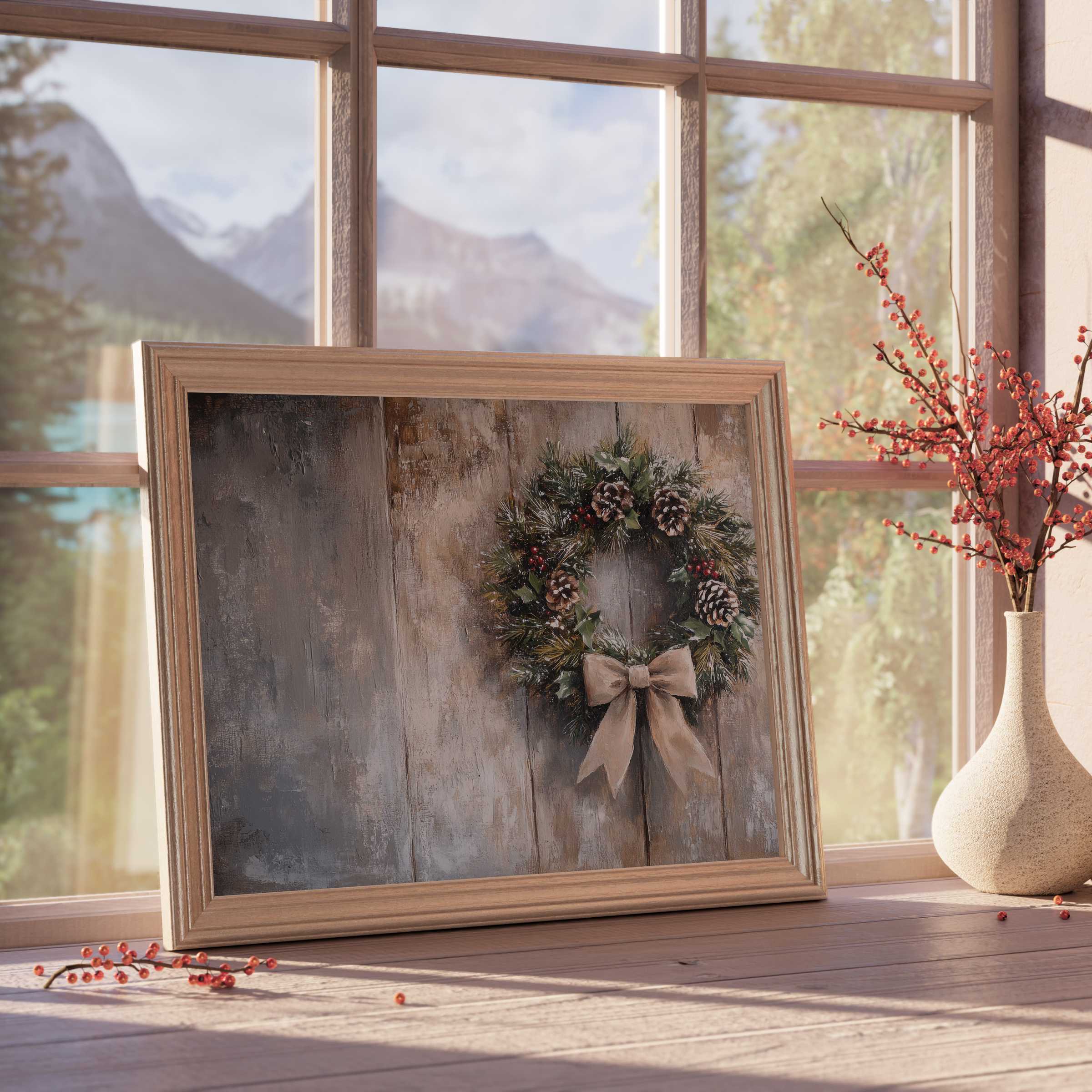 Christmas downloadable art featuring a rustic wreath with pinecones and a soft bow, elevating serene, curated interiors with warm, natural charm