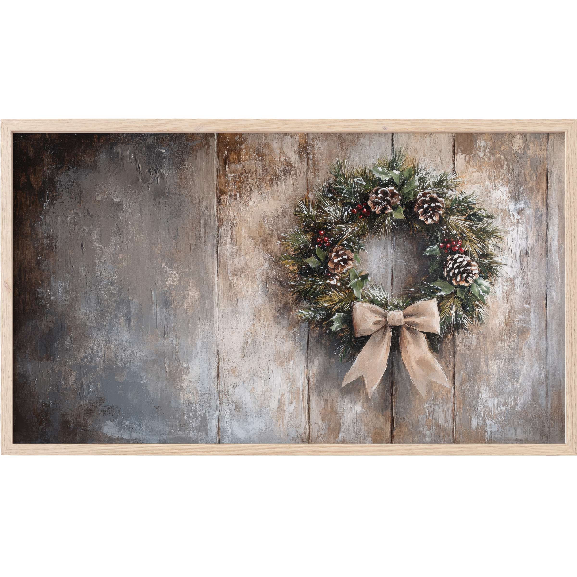 Christmas Frame TV Art showing a rustic wreath with pinecones and bow on textured wood in muted earthy tones
