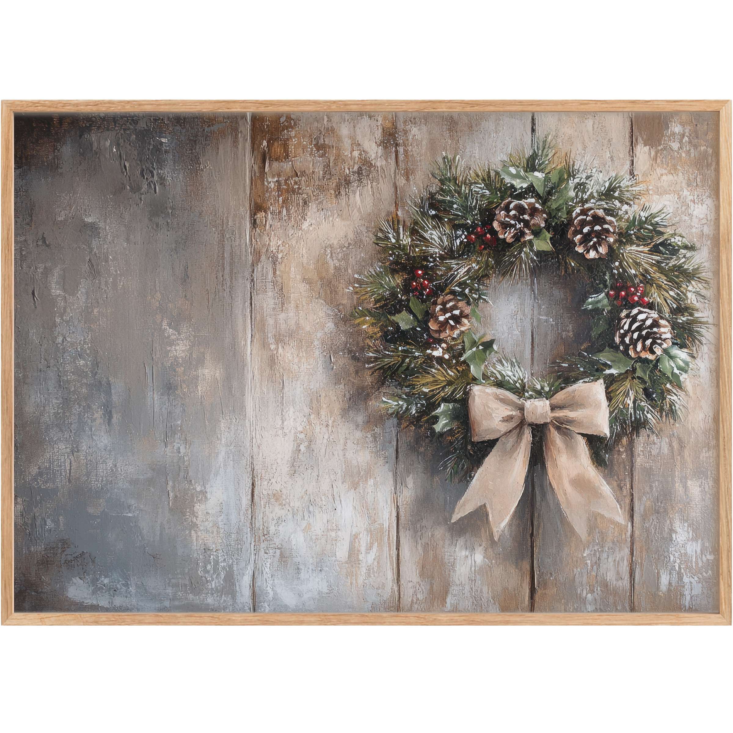Rustic elegance defines this Christmas printable wall art, where muted browns and grays embrace a lush evergreen wreath with pinecones and a soft beige bow, evoking a warm, inviting holiday calm perfect for sophisticated interiors