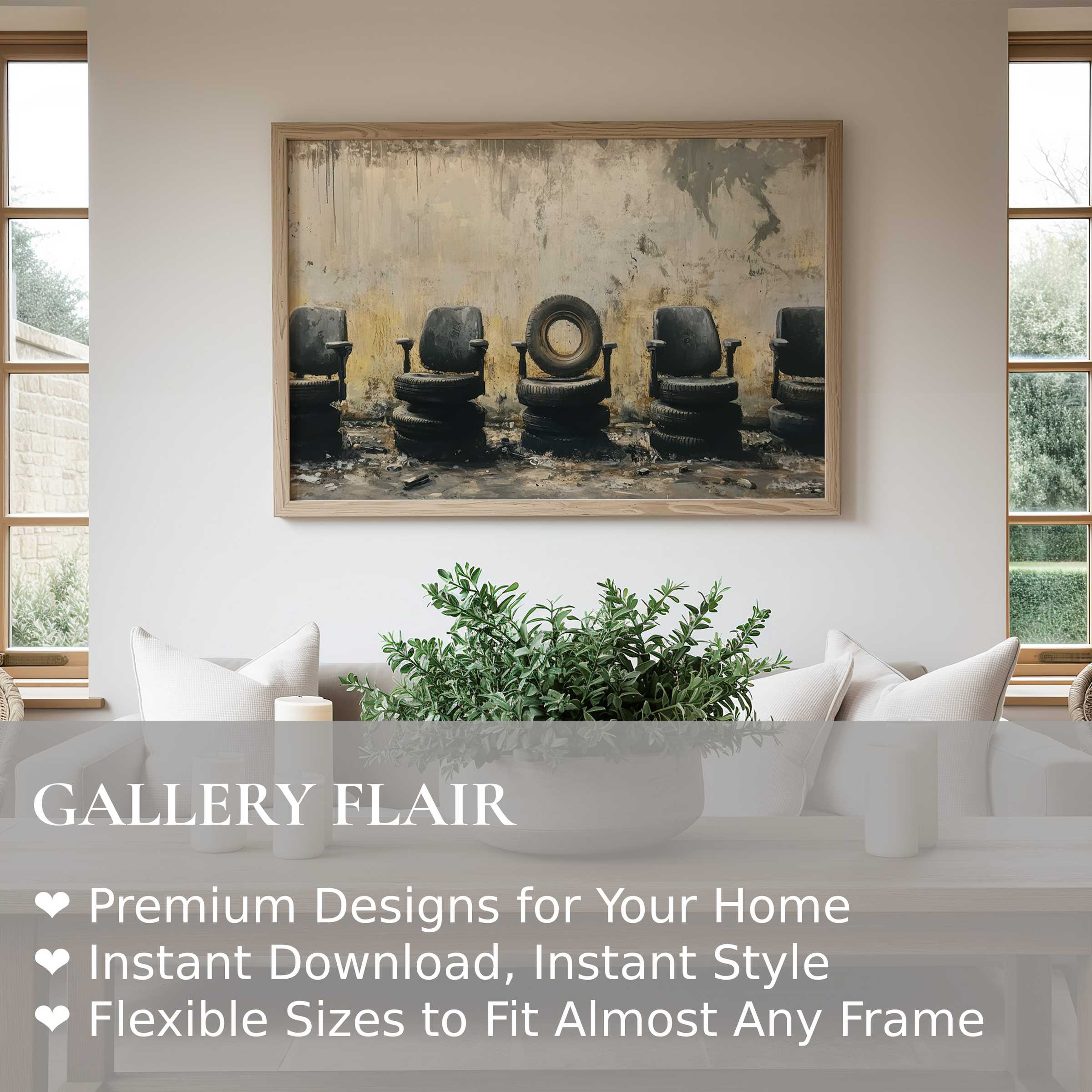 Street art wall art print featuring bold, industrial seating with vintage tires; elevates modern minimalist interiors with edgy urban charm