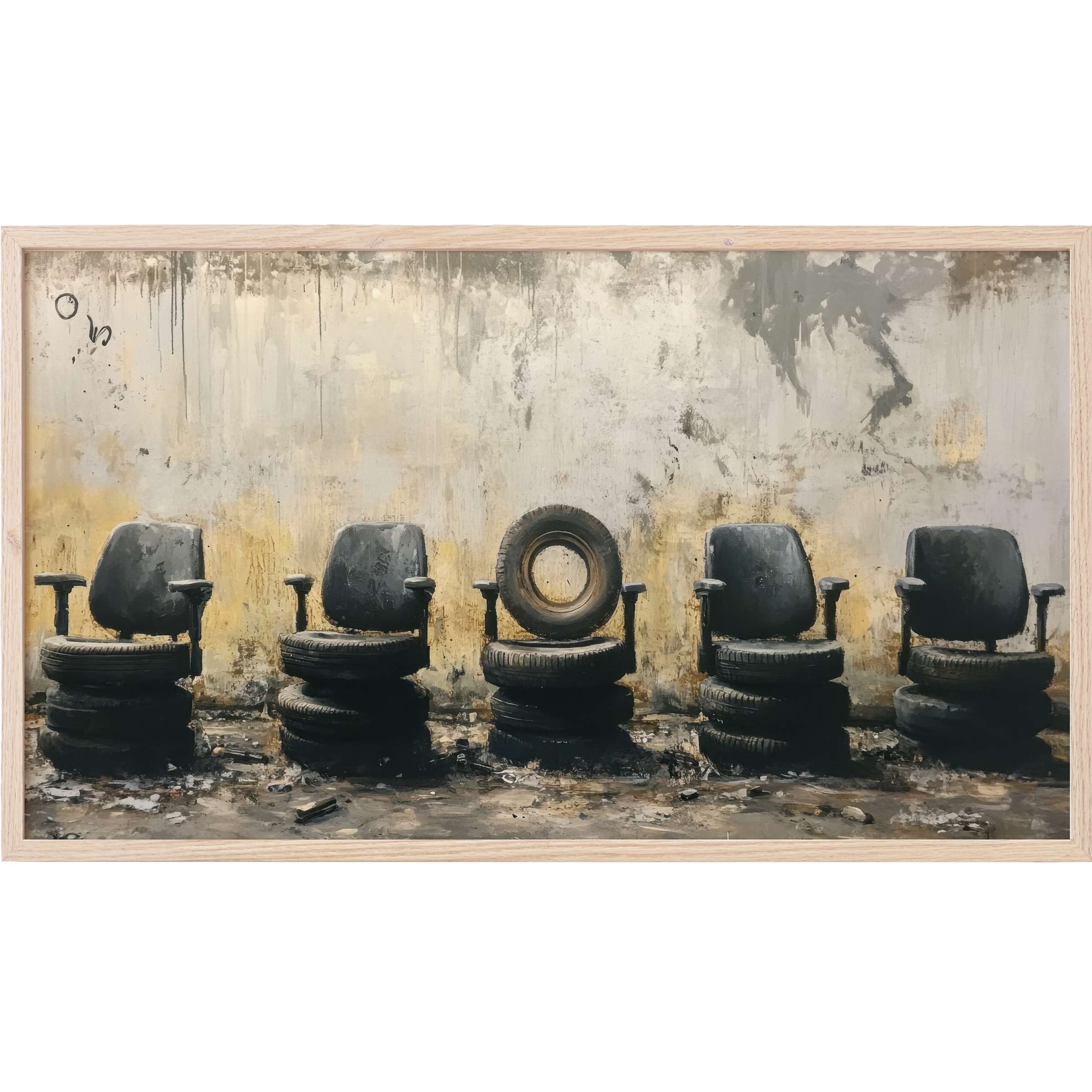 Industrial black tire chairs in muted greys and ochres, blending decay with style, street art Frame TV Art