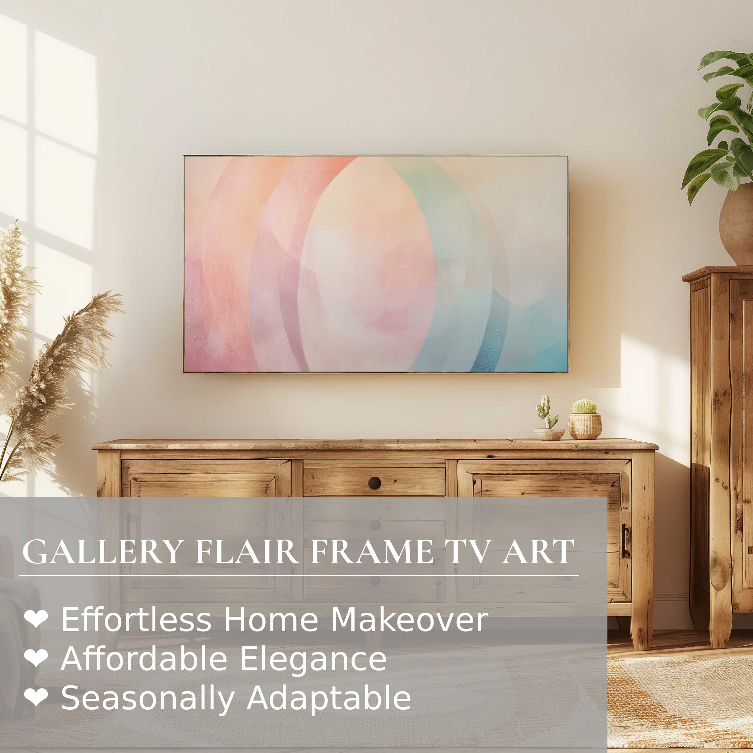 Samsung Frame TV displays boho digital artwork with soft pastel circles in a serene, sunlit, natural wood living room