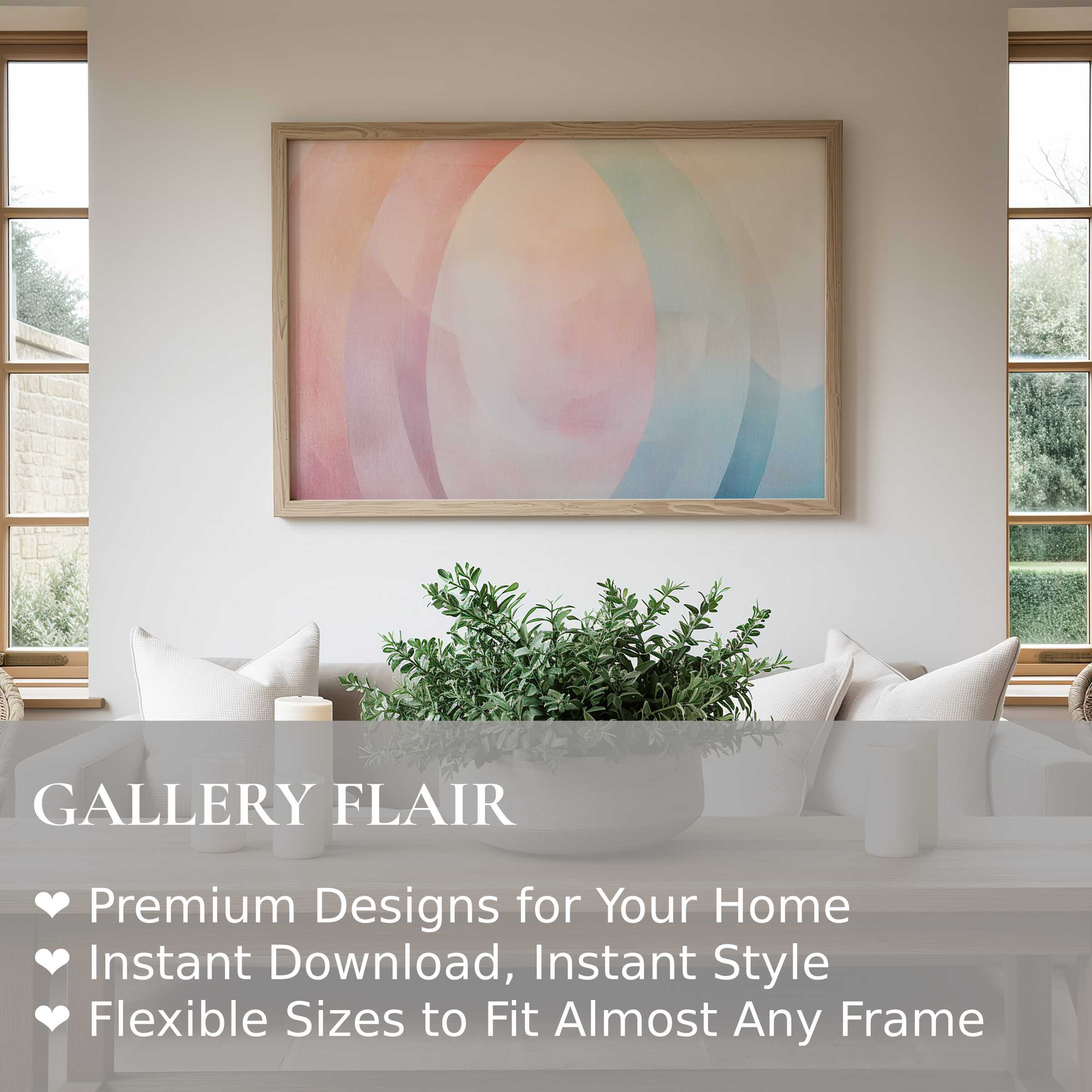 Boho wall art print with soft pastel gradients radiates calm and elegance, enhancing modern minimalist interiors with gentle, airy charm