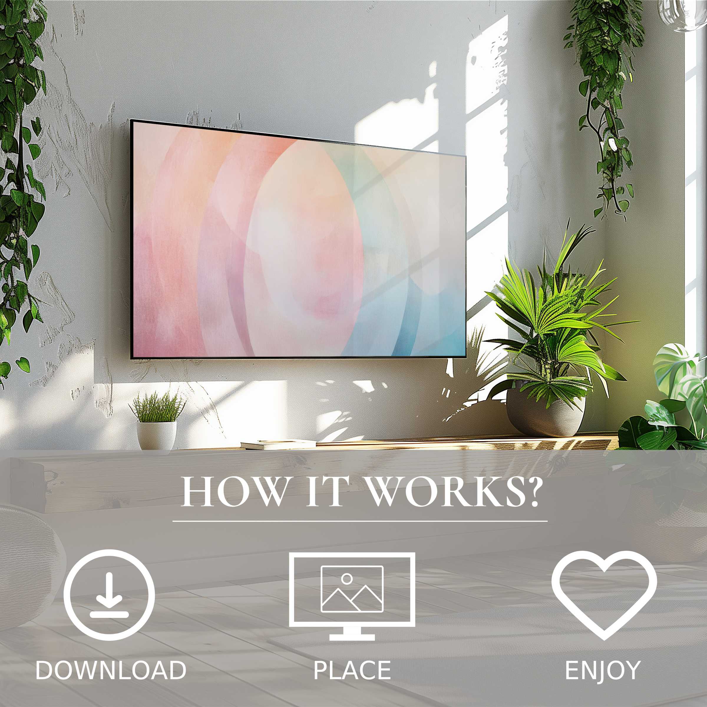 Boho art for Samsung TV with soft pastel flow, easy digital download enriching modern living spaces with abstract calm