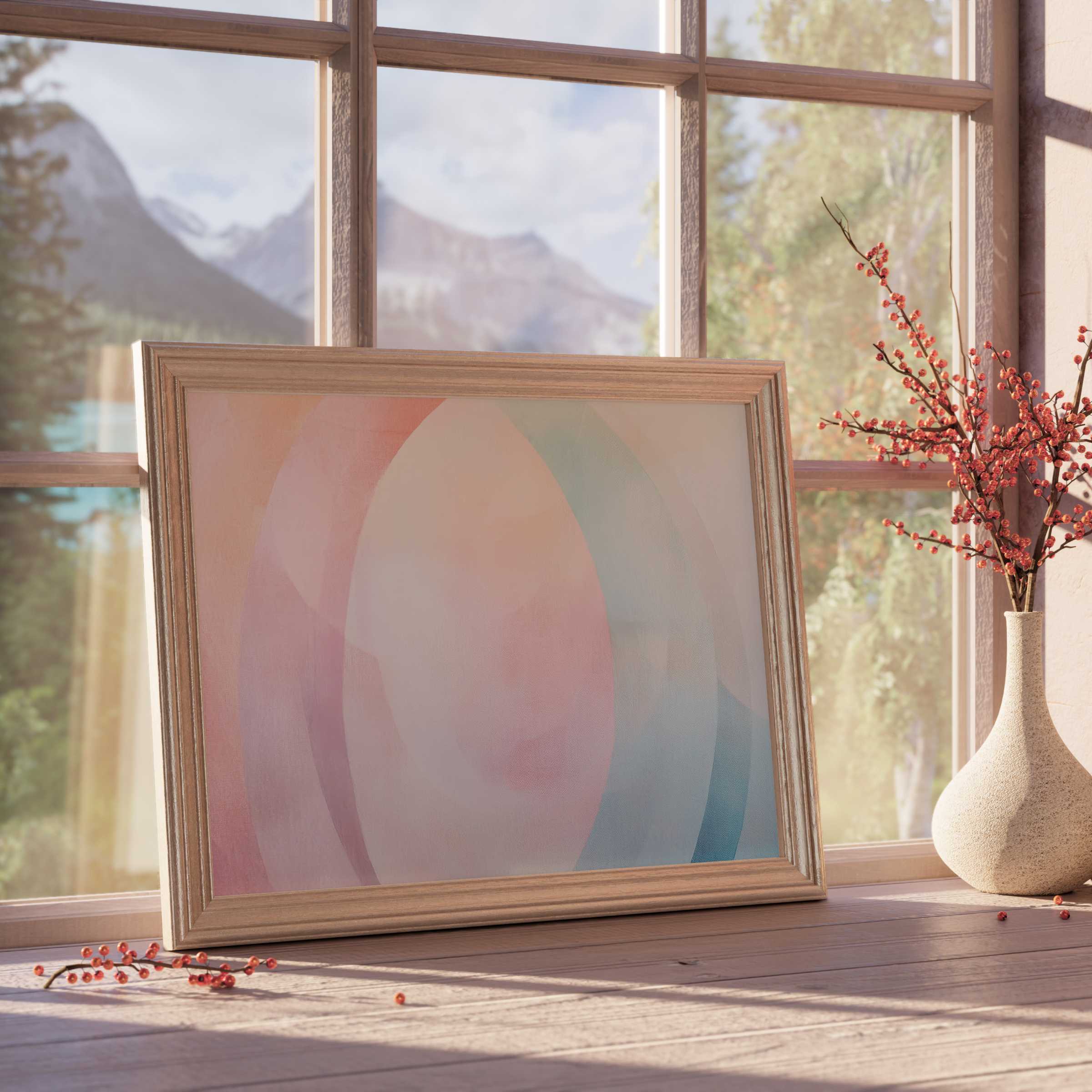 Boho downloadable art with soft pastel arches, evoking serene warmth for curated, tranquil, design-forward interiors