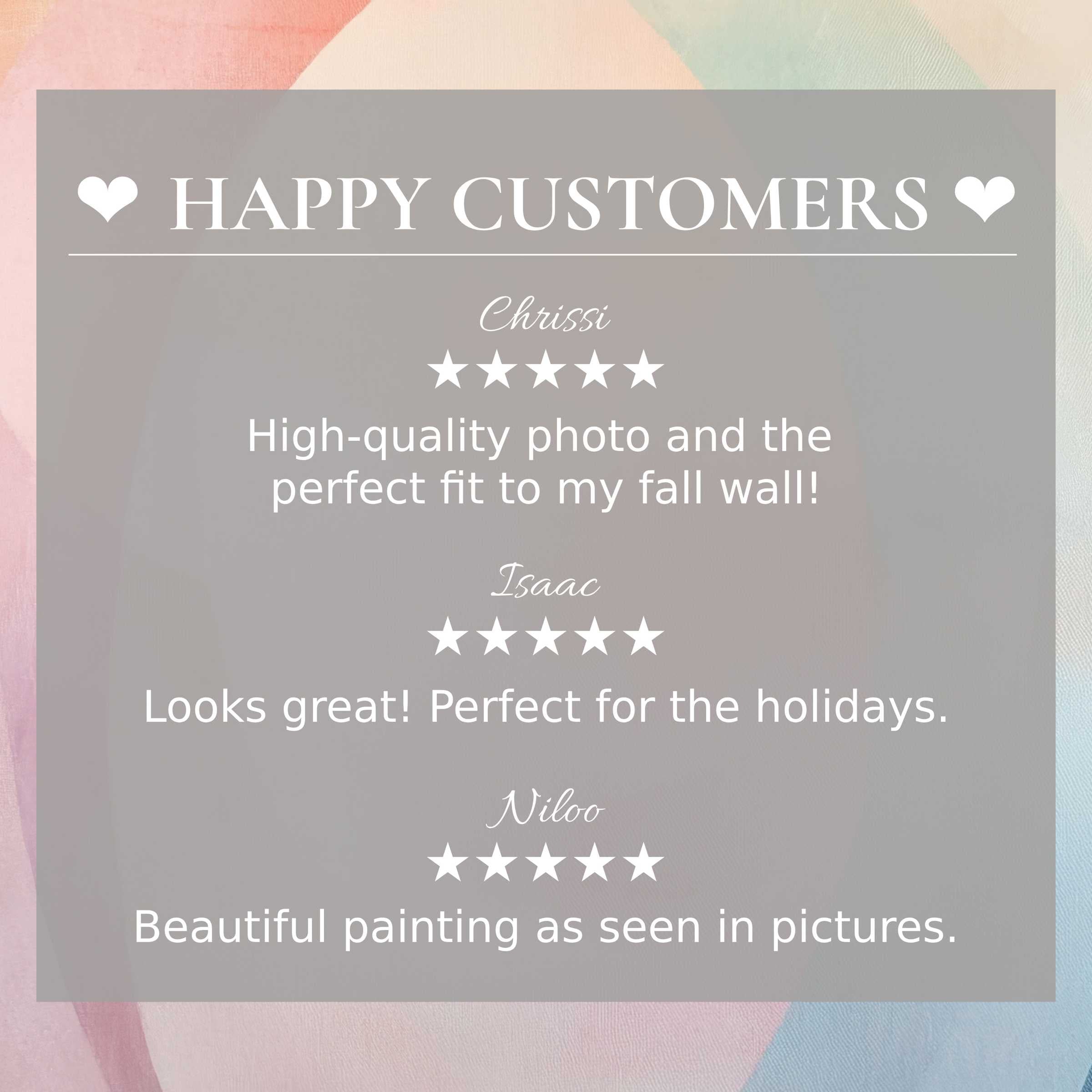 Boho art for Frame TV with abstract sunset hues, showcasing happy customer reviews and elegant, trust-building design