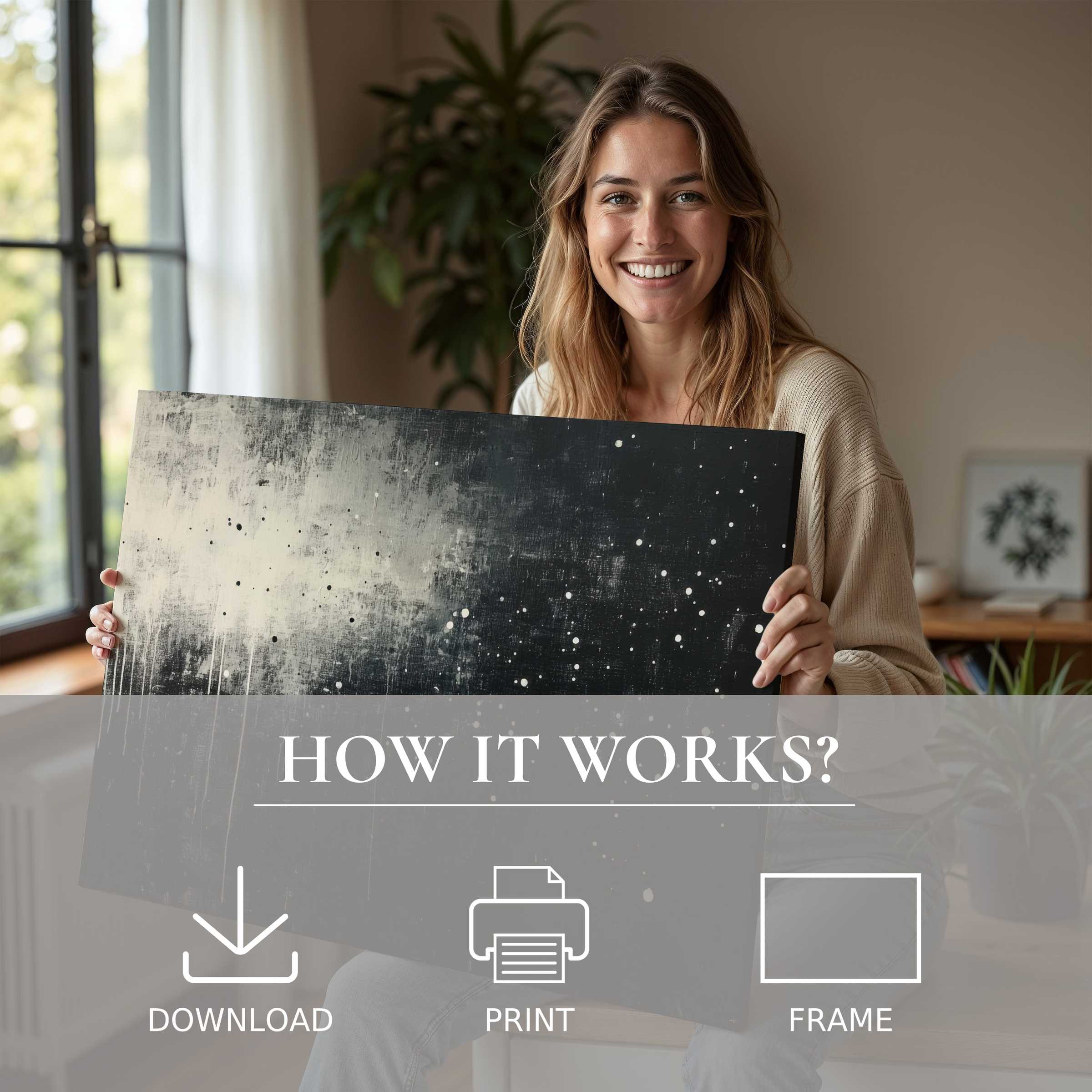 A woman radiates joy in a serene modern home, embracing the beauty of minimalist digital art print with ease and connection