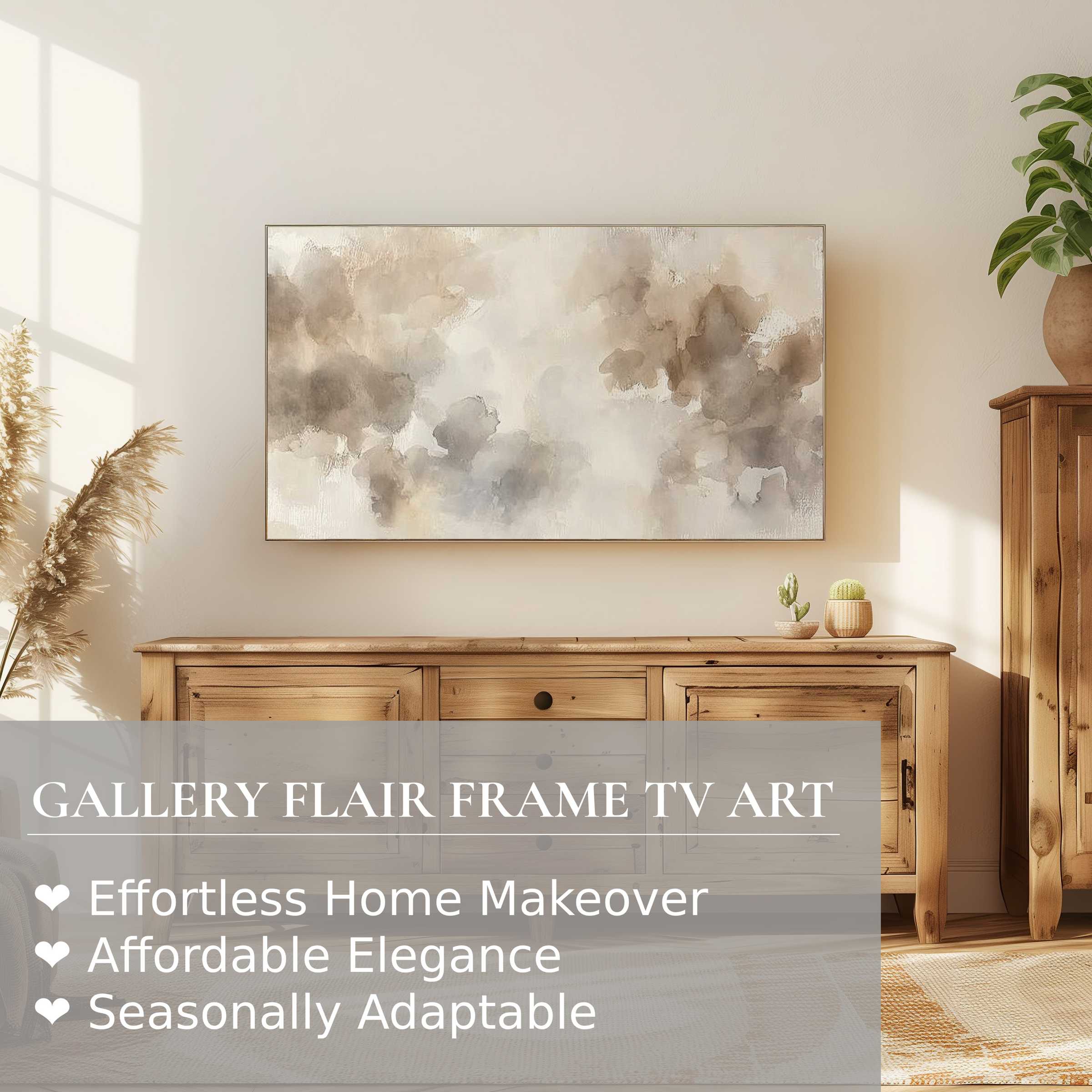 Samsung Frame TV displays neutral digital artwork in a serene, modern room with natural wood tones and soft light