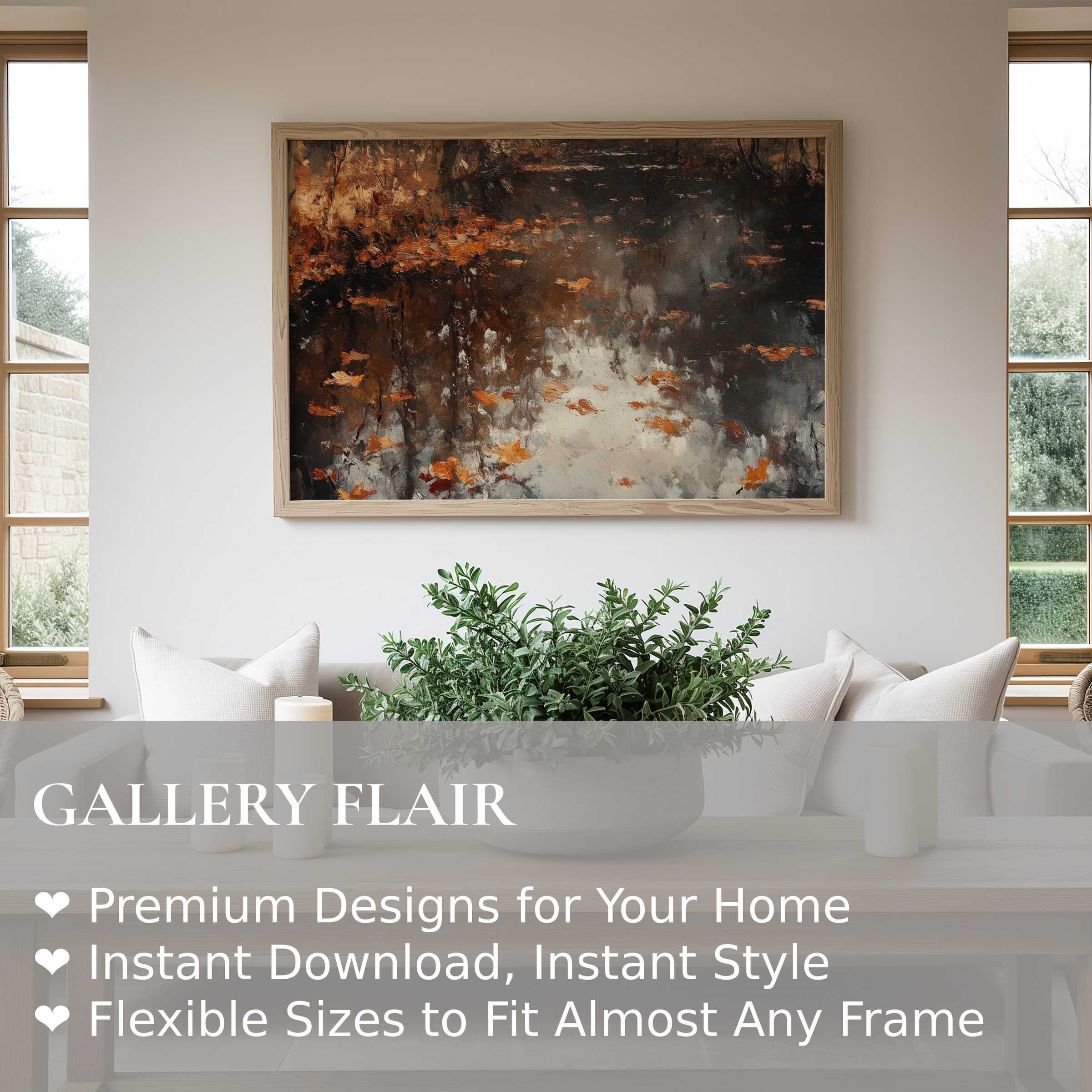Fall wall art print featuring a radiant, textured autumn forest reflection that enriches modern minimalist interiors with warmth and depth