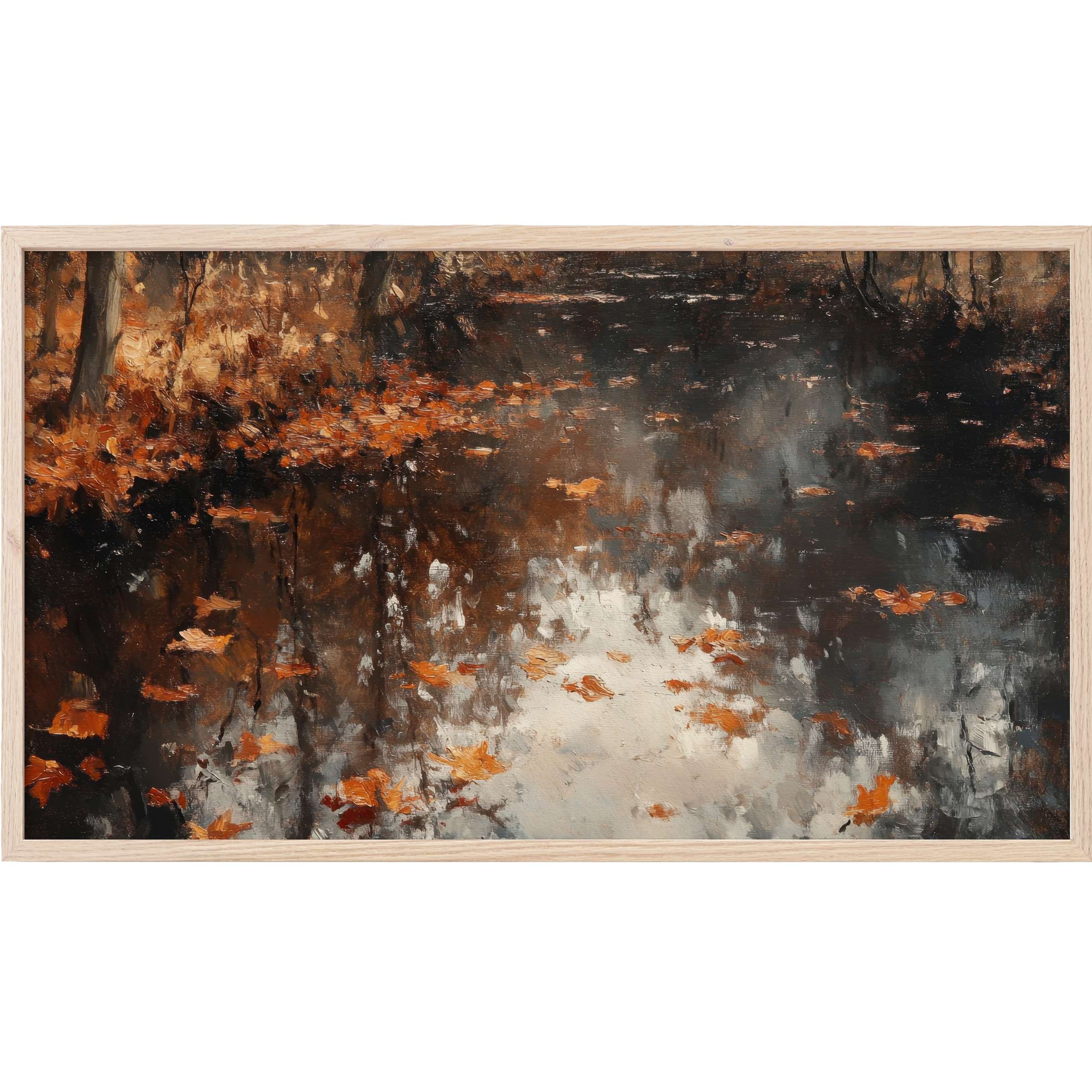 Fall Frame TV Art captures a serene autumnal pond with rich browns, deep blacks, and vibrant oranges in a modern, textured style