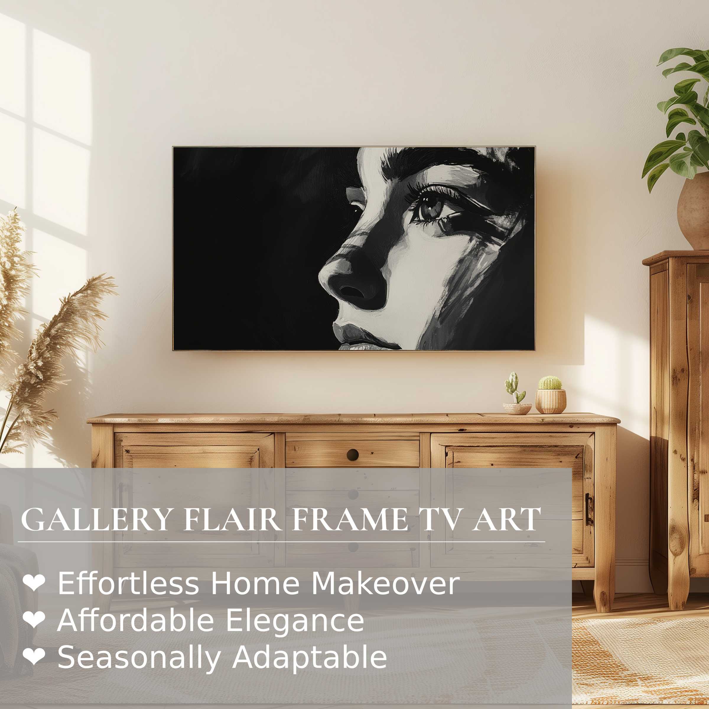 Samsung Frame TV displaying black and white digital artwork of a modern, elegant face in a warm, natural room