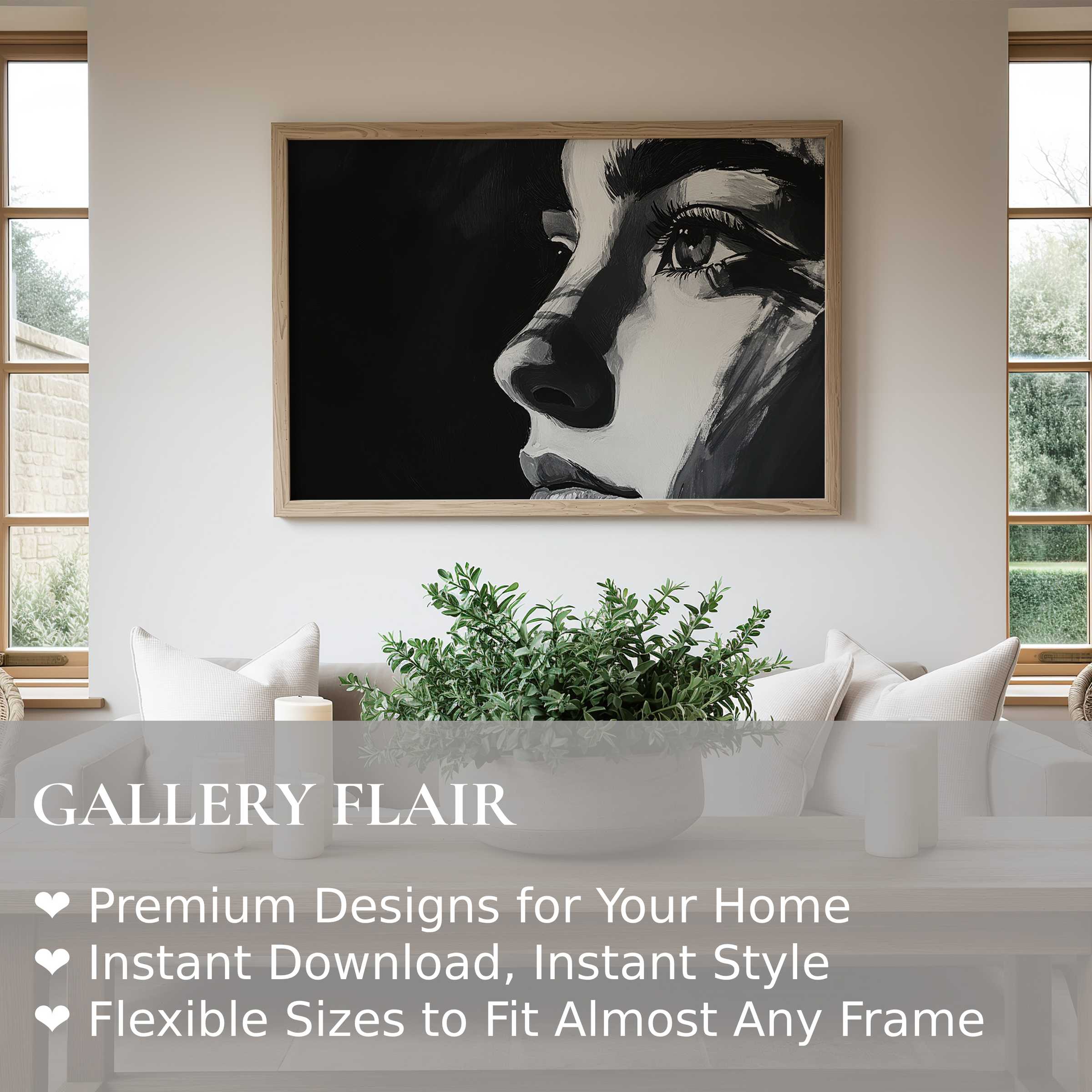 Black and white wall art print of a contemplative female profile, evoking bold elegance in a serene, modern minimalist living room