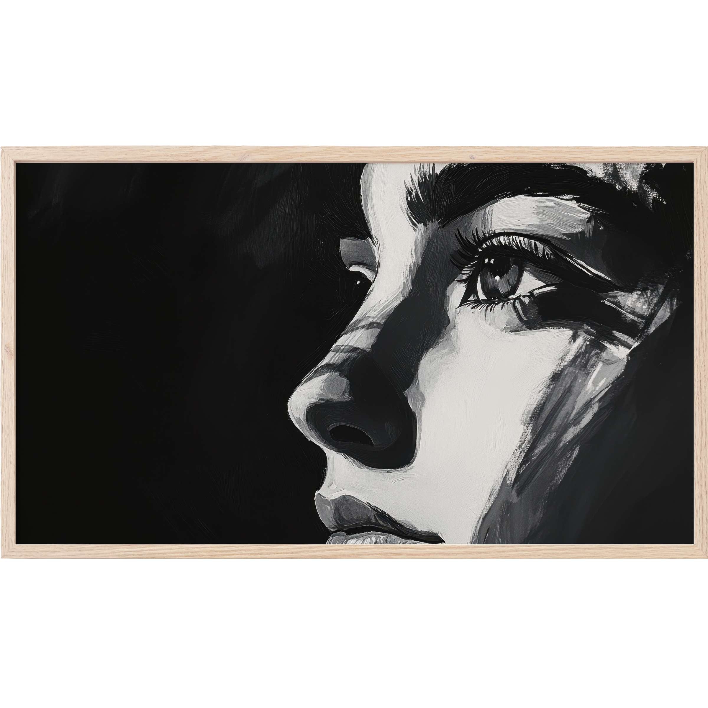 Elegant monochrome portrait in grayscale tones, capturing intense emotion with black and white Frame TV Art style