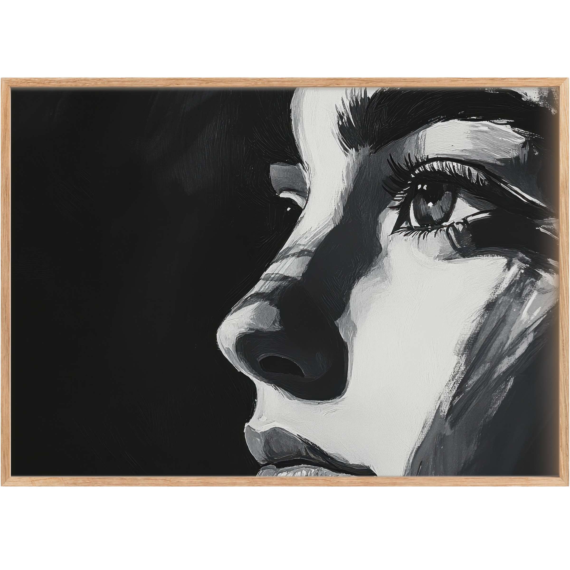 Striking black and white printable wall art capturing a contemplative gaze, infusing interiors with bold, sophisticated emotion