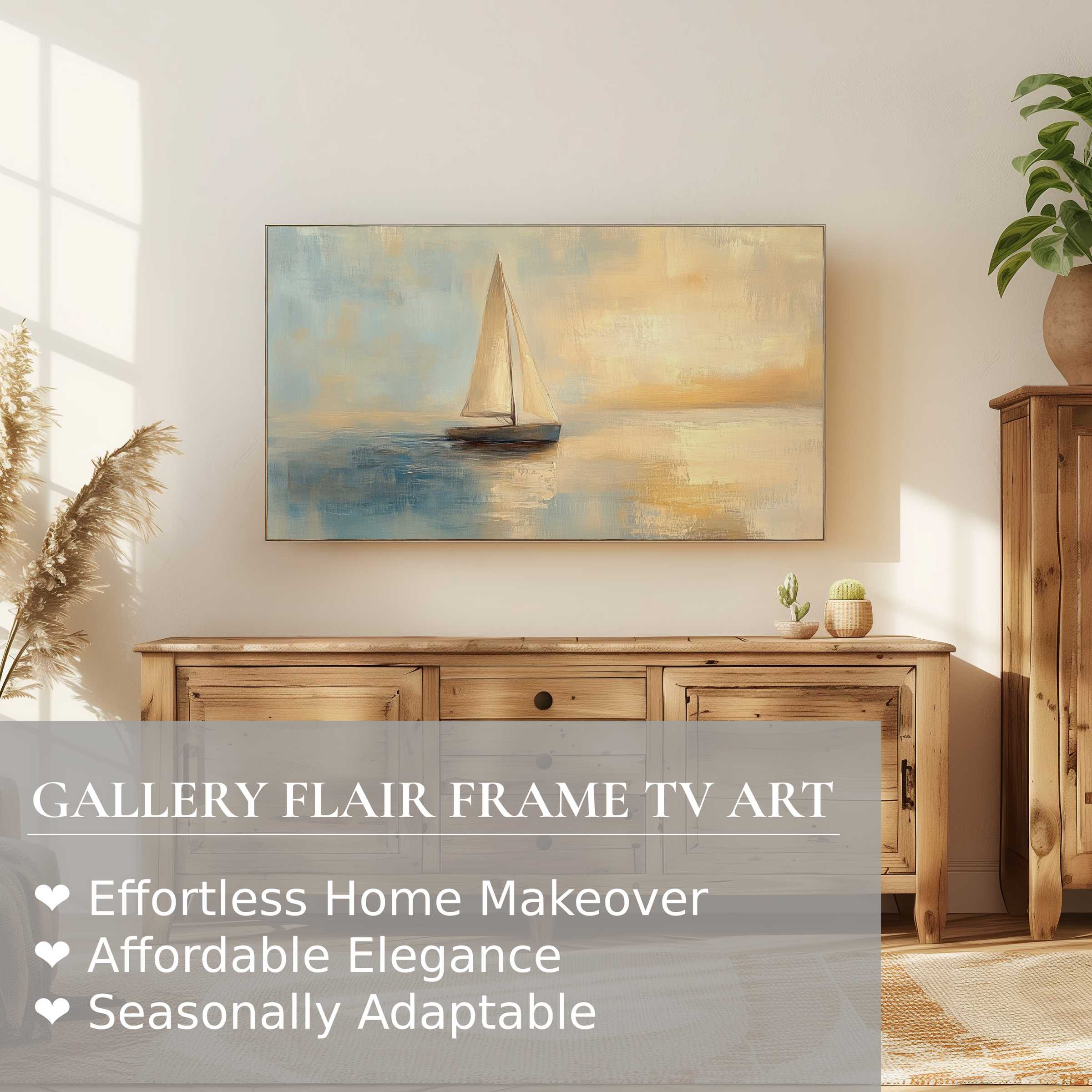 Samsung Frame TV displaying serene coastal digital artwork in a warm, elegant living space with natural wood accents