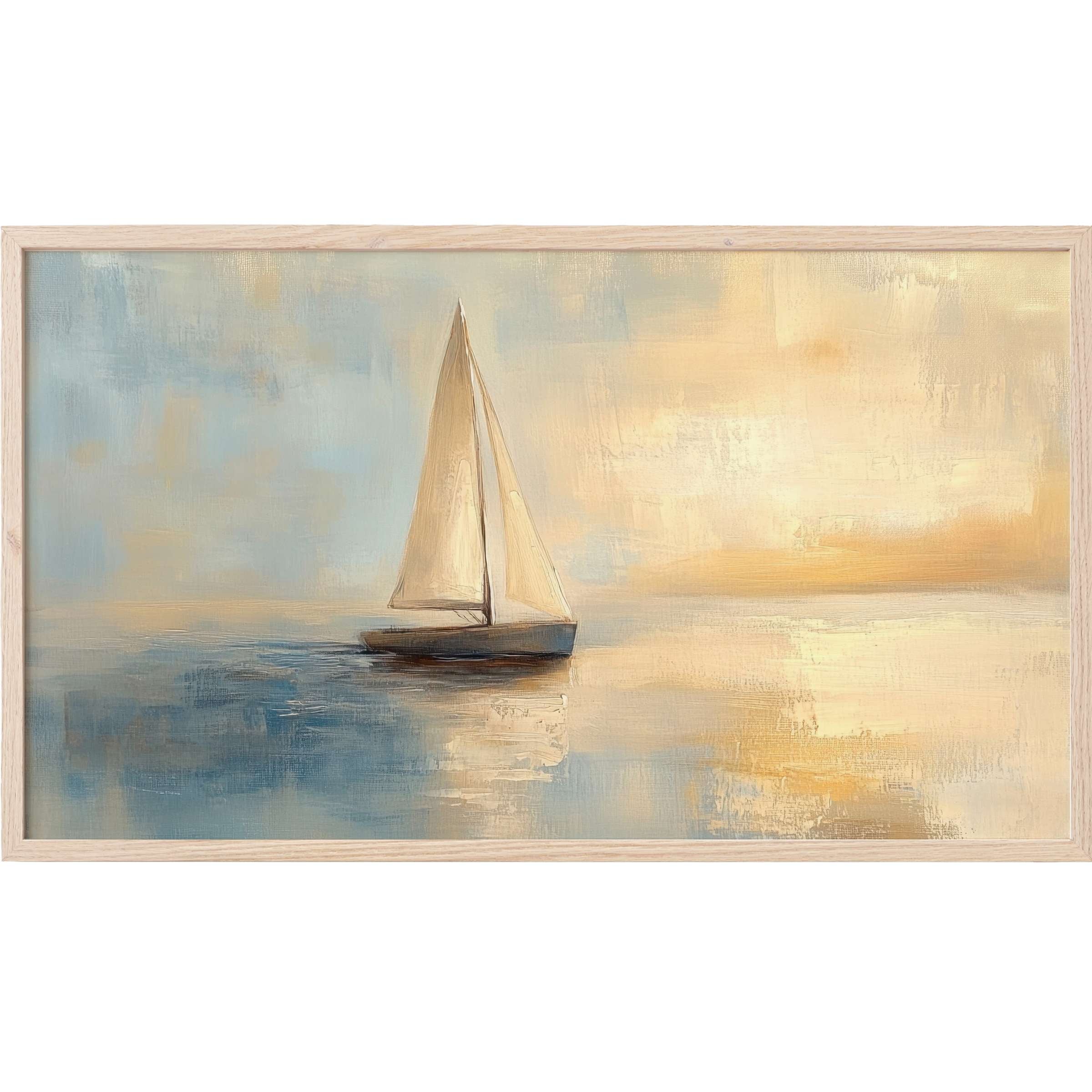 Coastal Frame TV Art featuring a serene sailboat in muted blues and warm beige, embodying modern coastal elegance