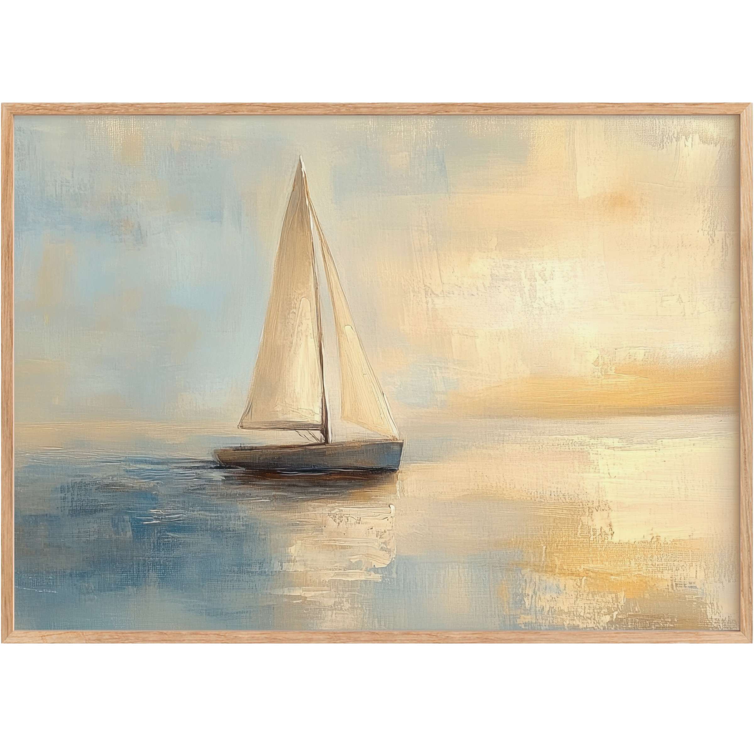 Coastal printable wall art featuring a serene sailboat on tranquil blue and golden waters, evoking calm and timeless elegance
