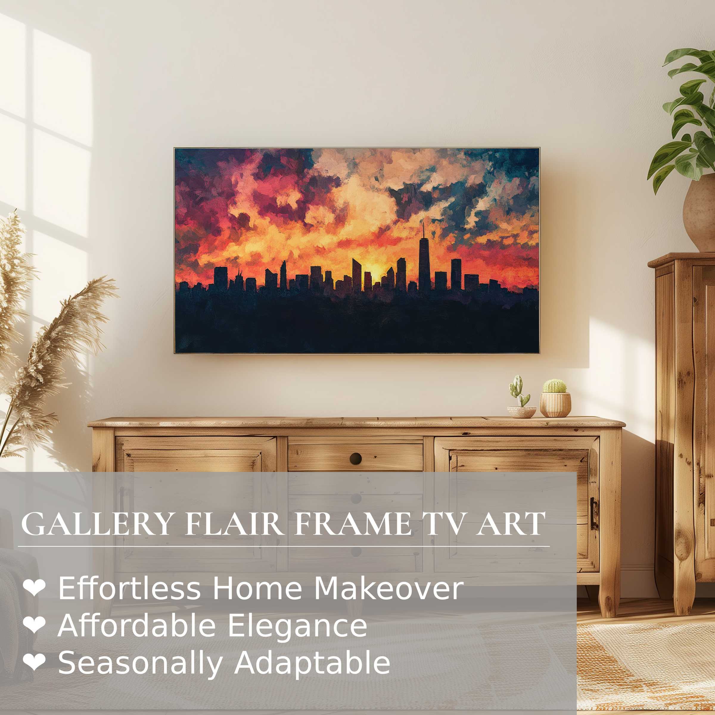 Samsung Frame TV displaying urban digital artwork of a fiery sunset skyline in a stylish, natural-toned living room