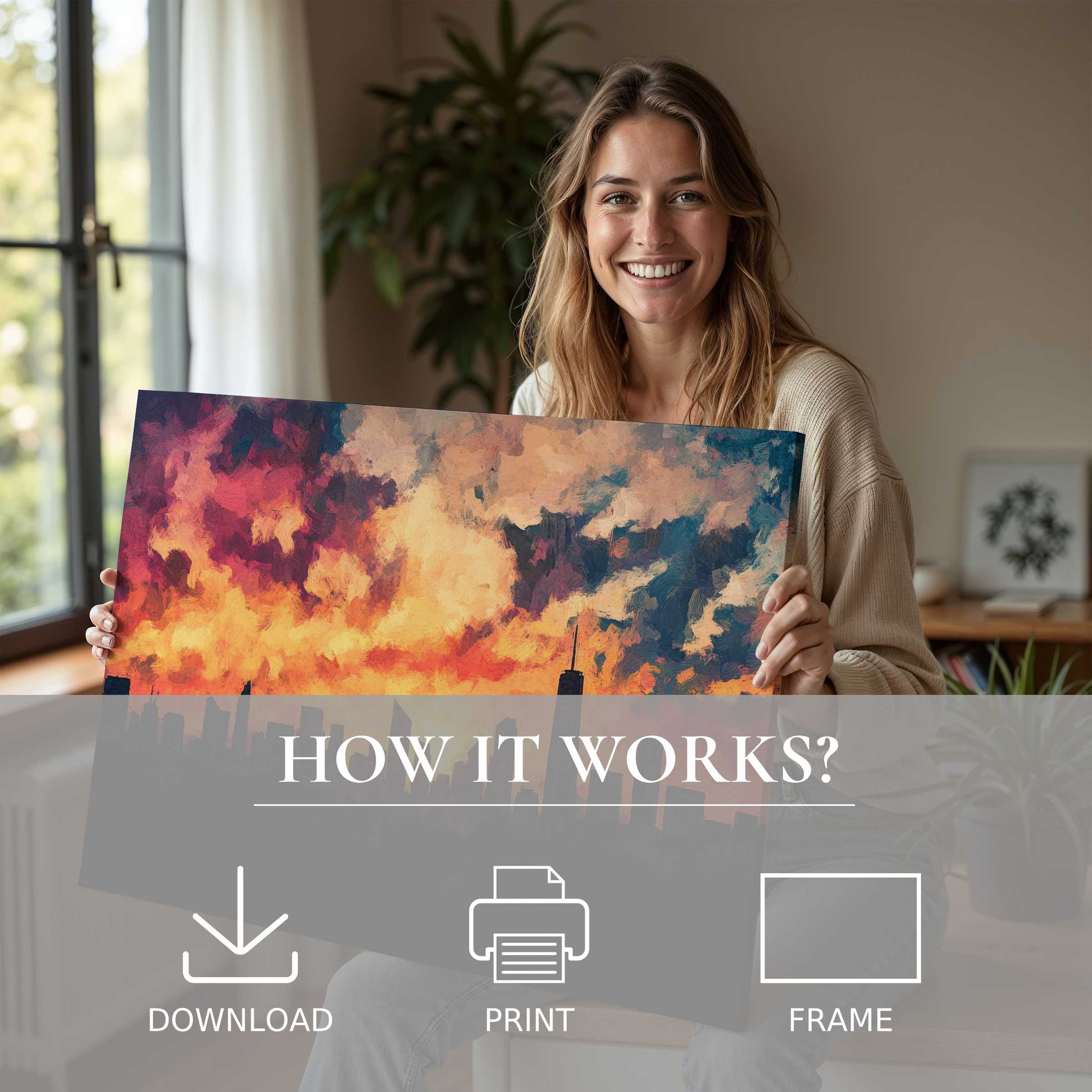 Radiant urban digital art print embraced in a modern home, evoking warmth, connection, and effortless elegance