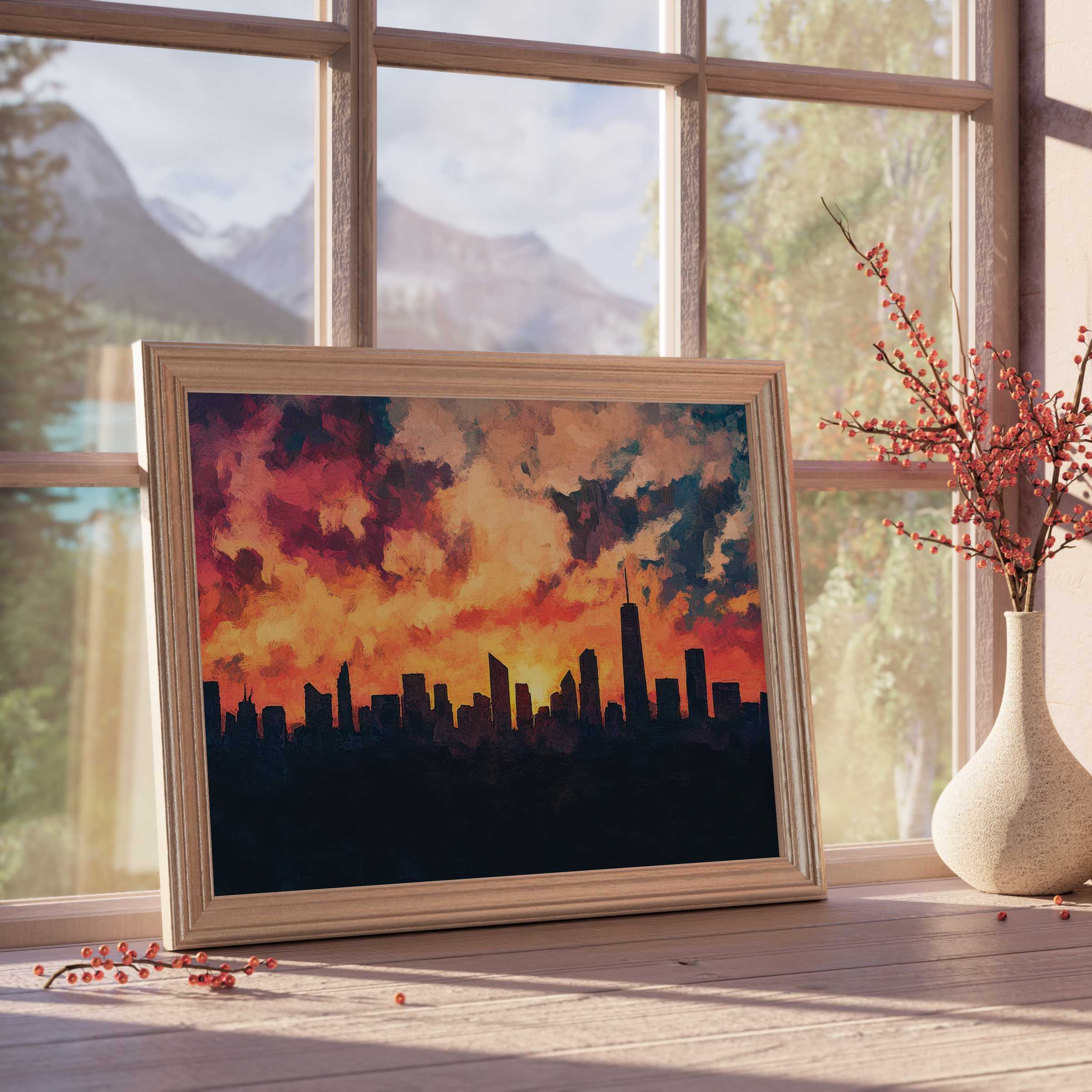 Urban downloadable art capturing a vibrant city skyline at sunset, enriching curated interiors with warmth and modern elegance