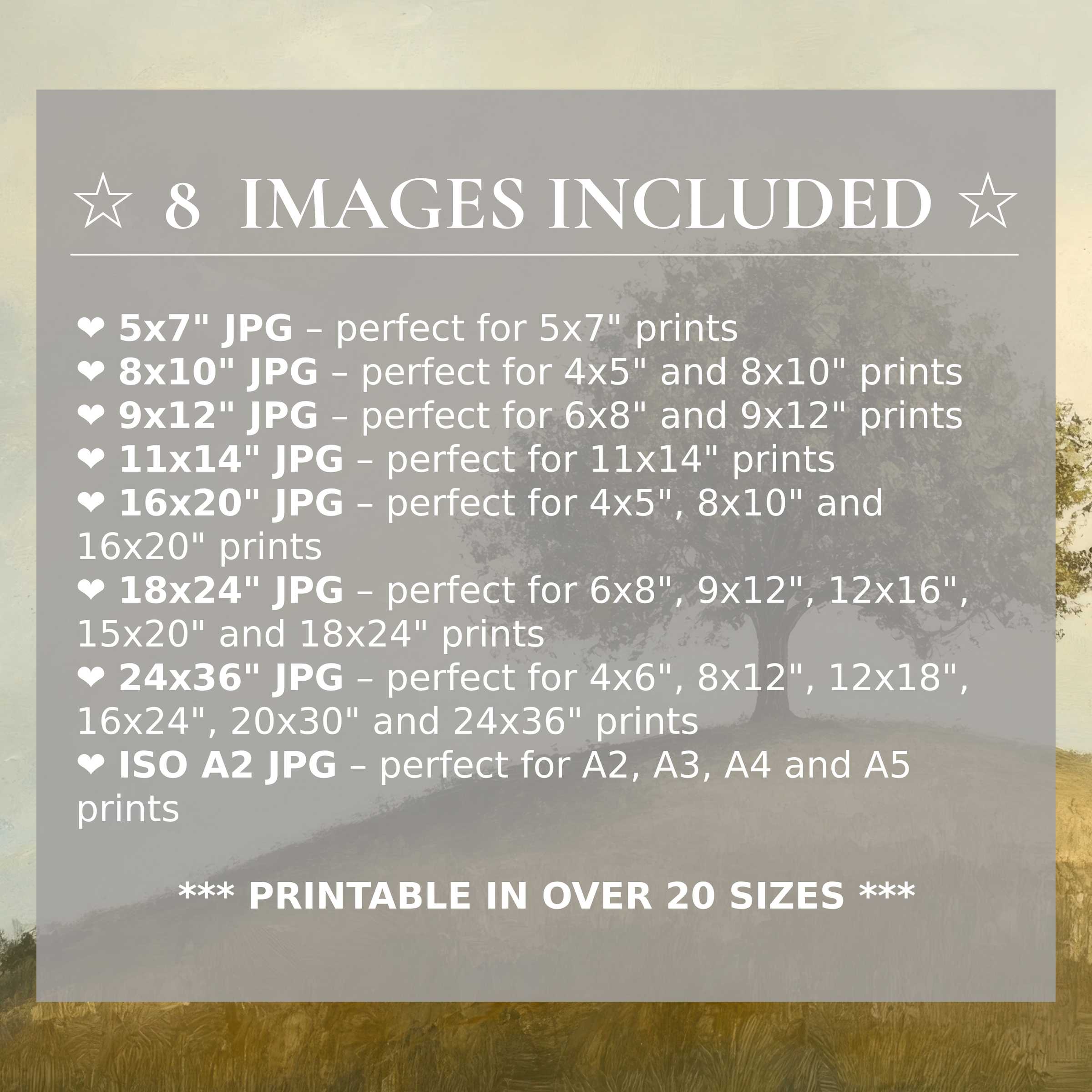 Print size guide showing 8 included JPG formats for versatile wall art printing – perfect for framing in popular sizes from 5x7 to 24x36 and A2