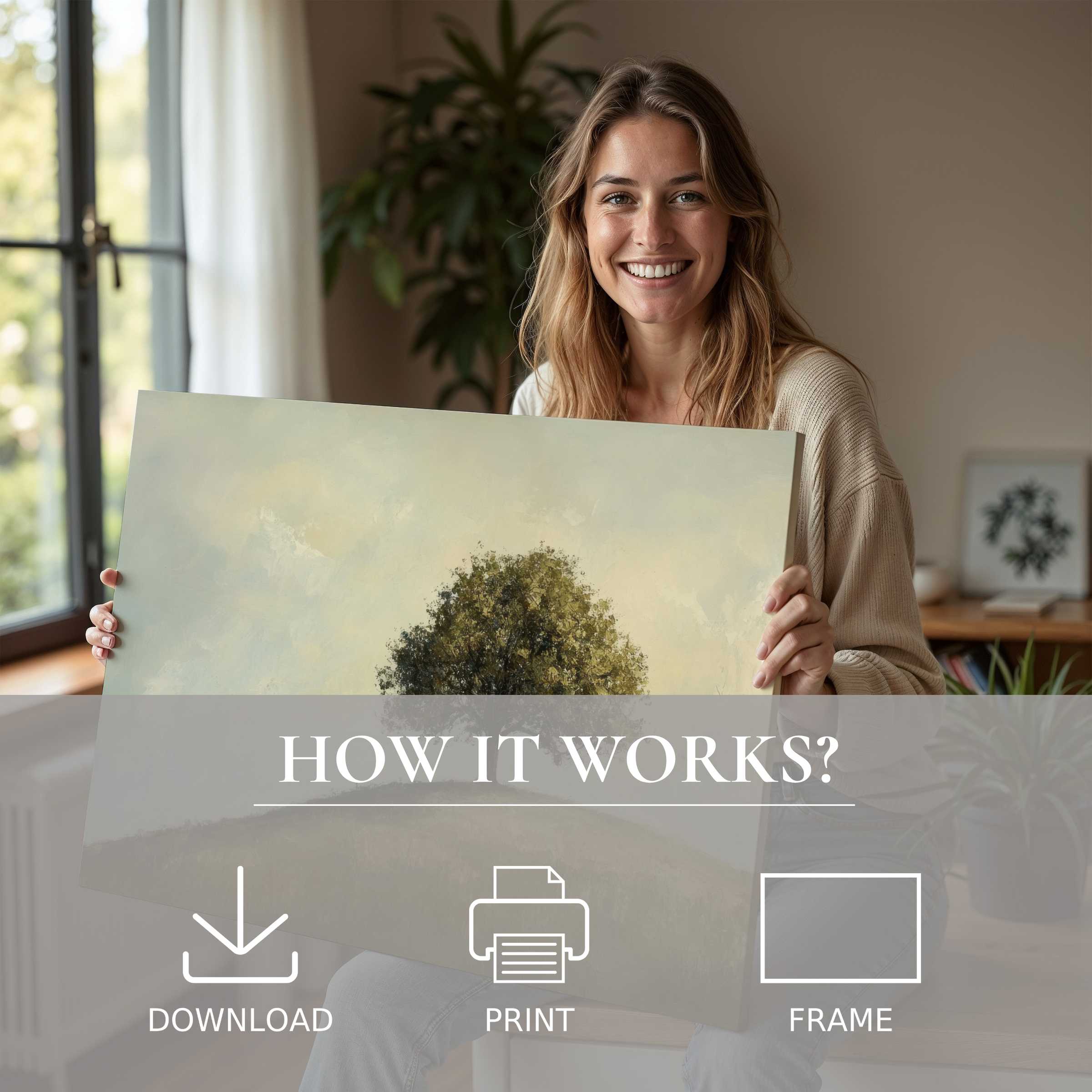 A modern tree digital art print embraced in a sunlit, stylish home, evoking warmth, joy, and effortless elegance