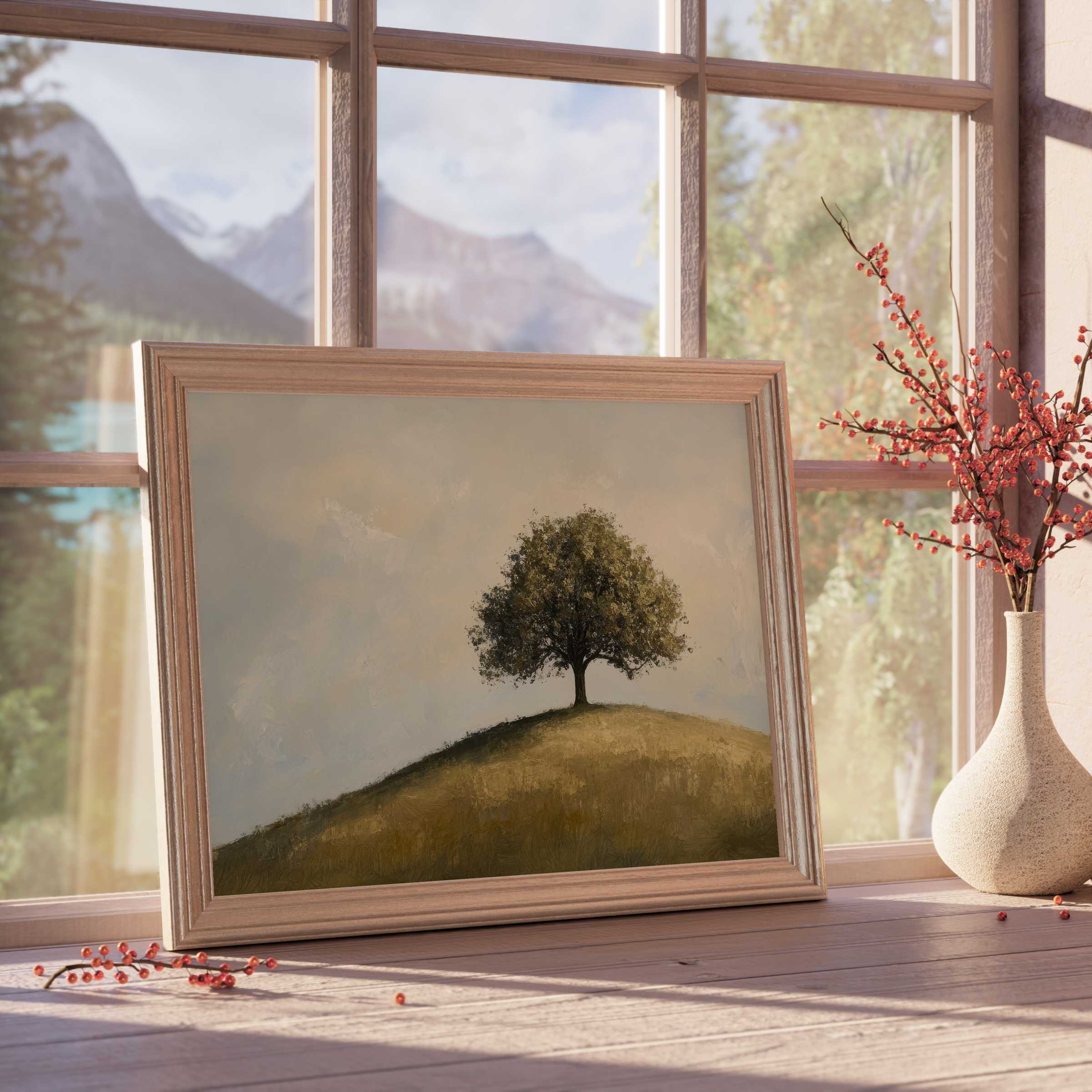 Serene tree downloadable art in a soft wood frame, elevating tranquil, nature-inspired spaces with timeless elegance