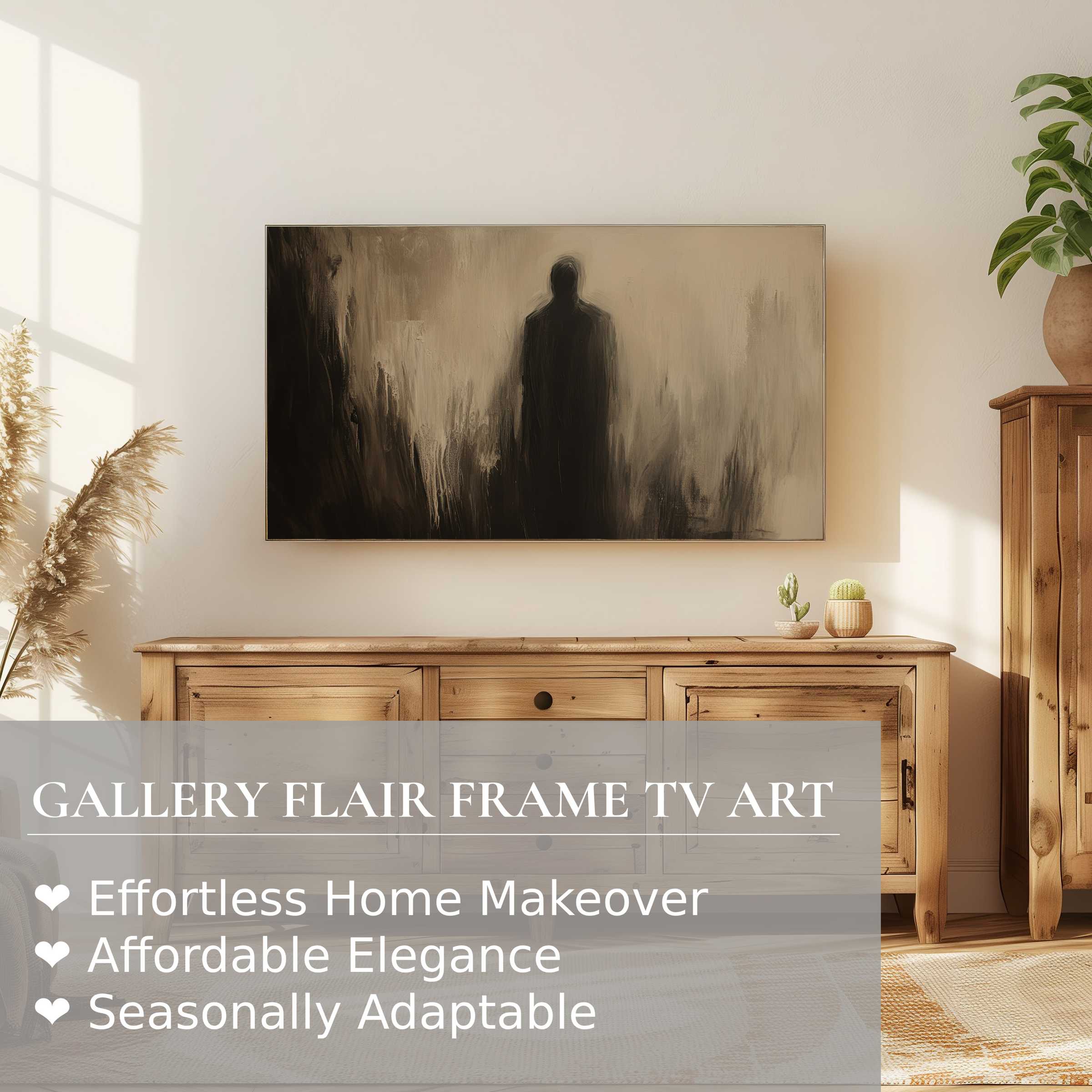 Minimalist living room with muted tones, Samsung Frame TV displaying elegant halloween digital artwork silhouette