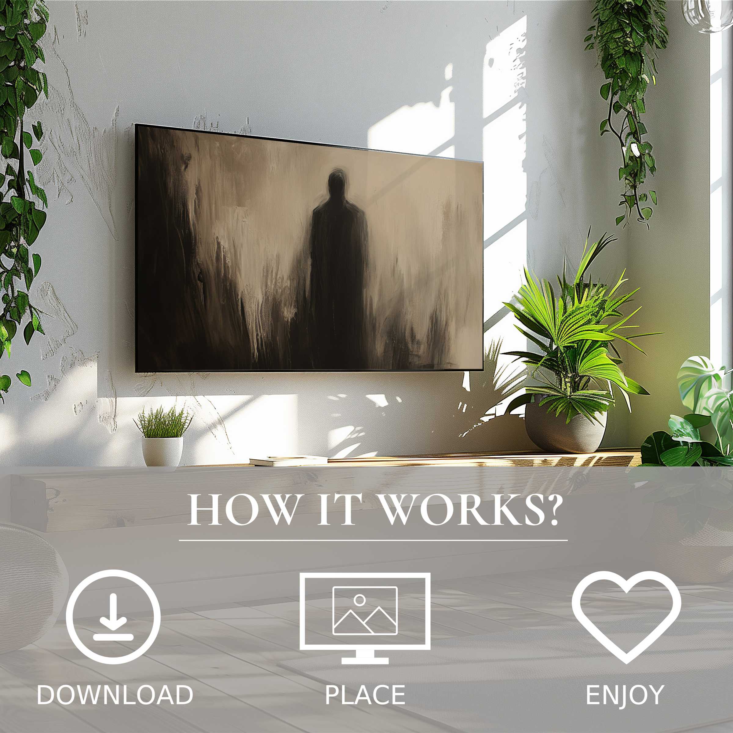 Modern living room with easy digital download of halloween art for Samsung TV, featuring eerie shadow figure motif