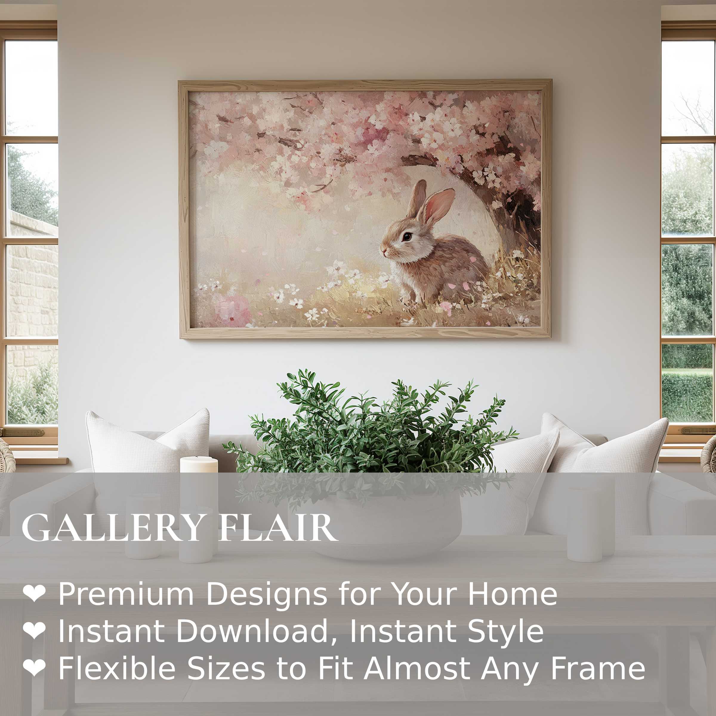 Easter wall art print featuring a soft, radiant bunny beneath blooming cherry blossoms, enhancing modern minimalist interiors with gentle spring charm