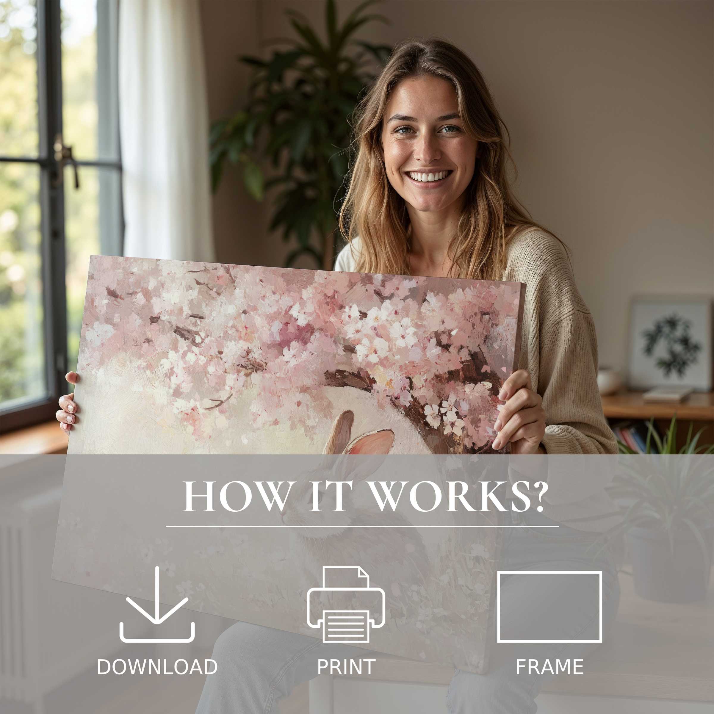 Serene joy radiates as she presents an easter digital art print in soft pinks, embracing art’s quiet elegance at home