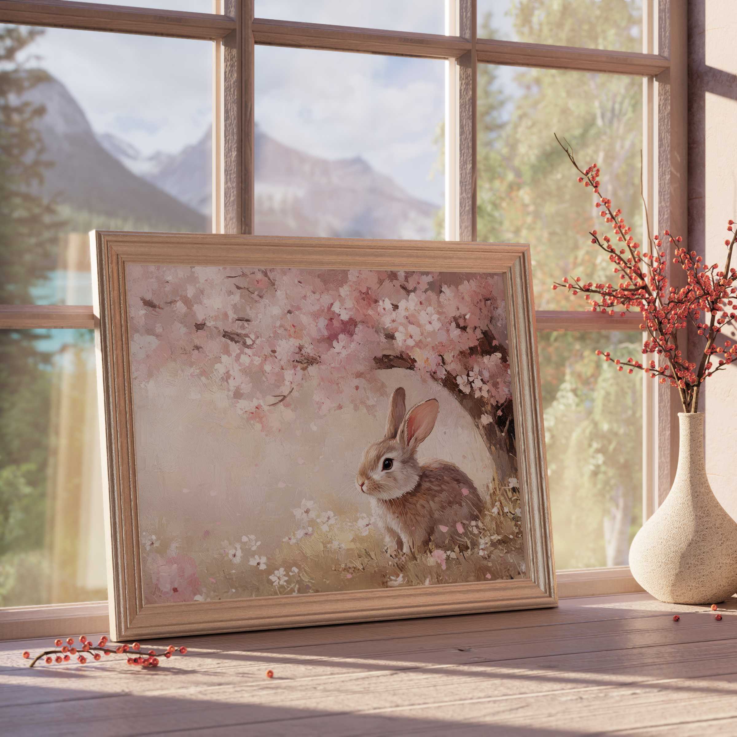Easter downloadable art featuring a serene bunny beneath blooming cherry blossoms, enhancing tranquil, curated spaces with soft, nature-inspired elegance