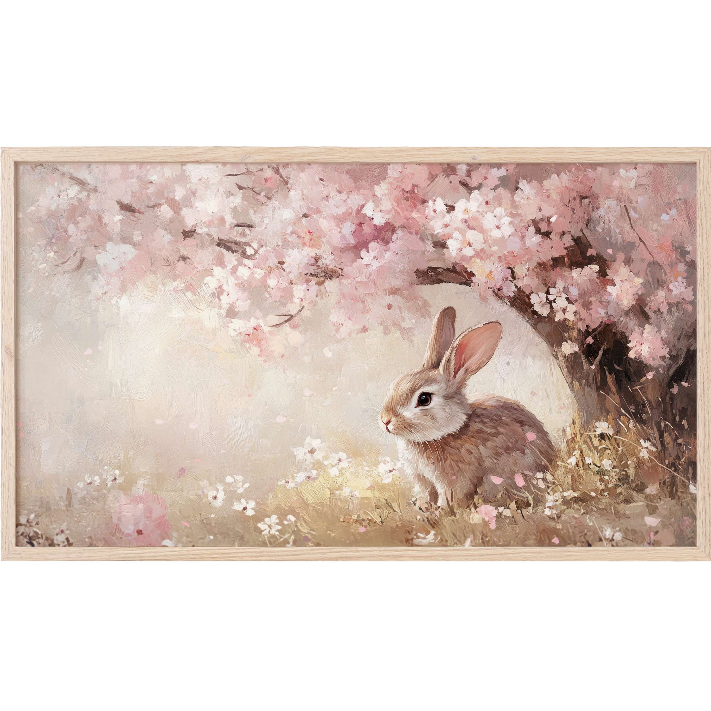 Soft pastel blossoms and a delicate bunny beneath create elegant easter Frame TV Art in muted pinks and creams