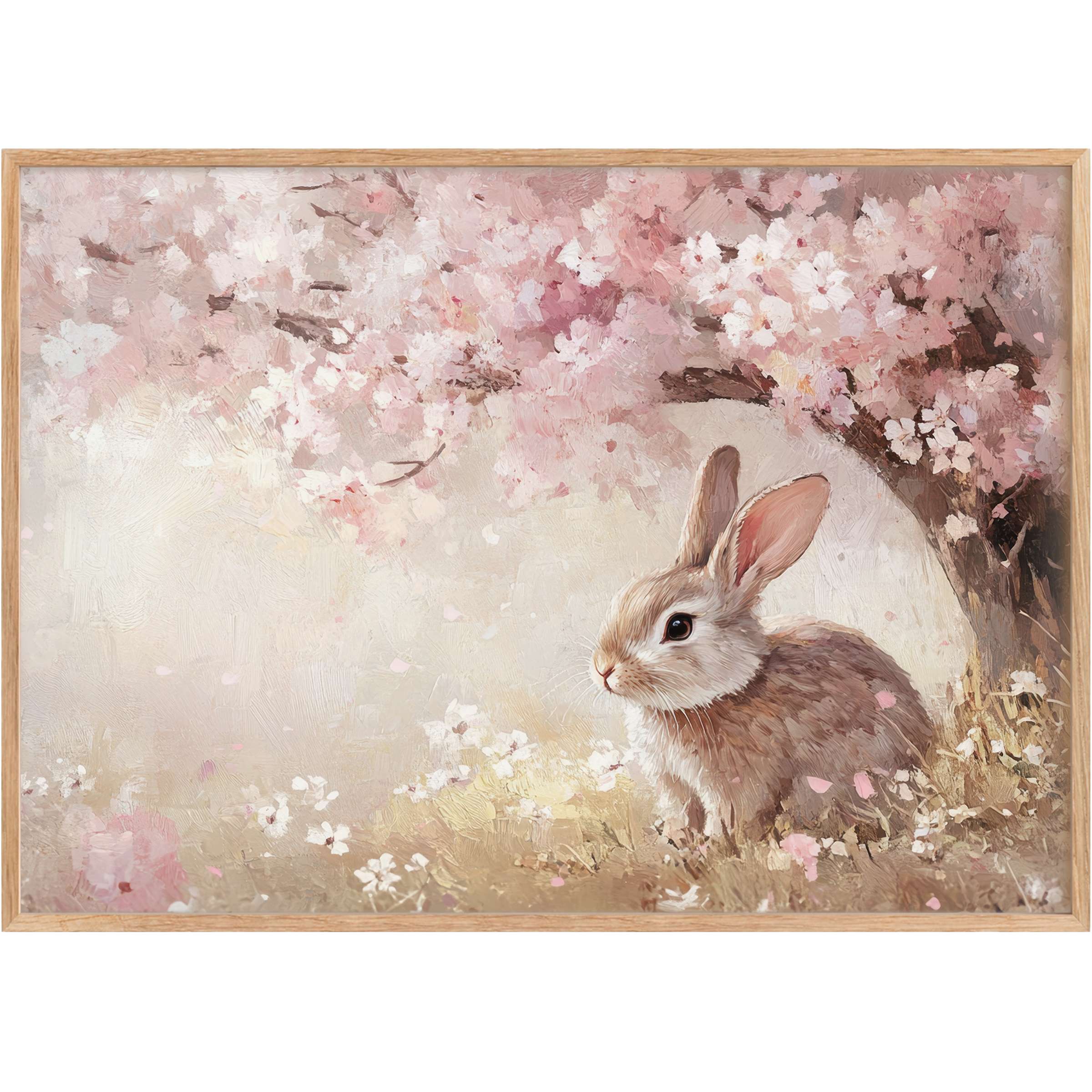 Easter printable wall art featuring a serene bunny beneath delicate pink blossoms, evoking tranquil spring elegance