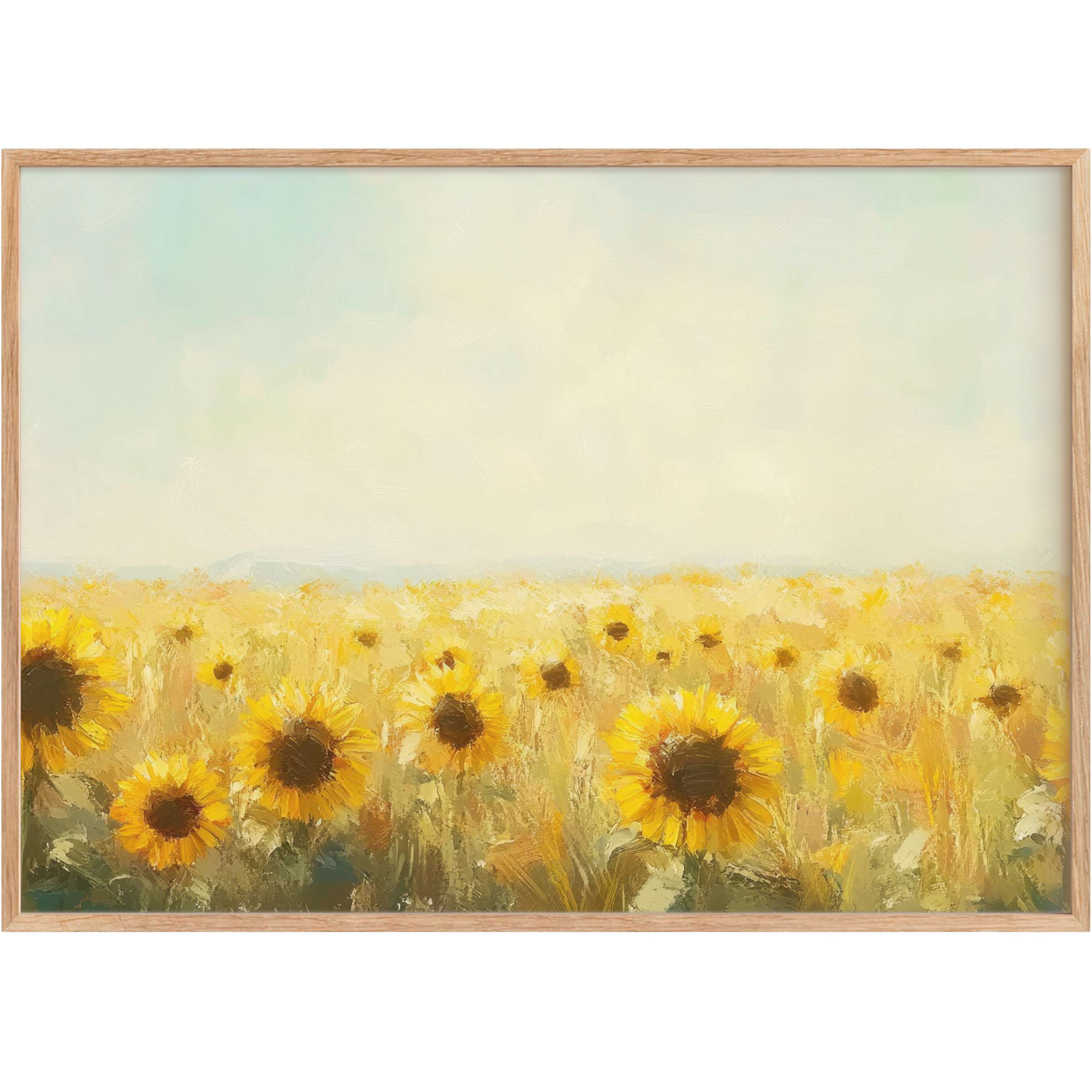 Golden sunflowers bathed in soft light evoke warmth and serenity in this landscape printable wall art, perfect for elegant spaces