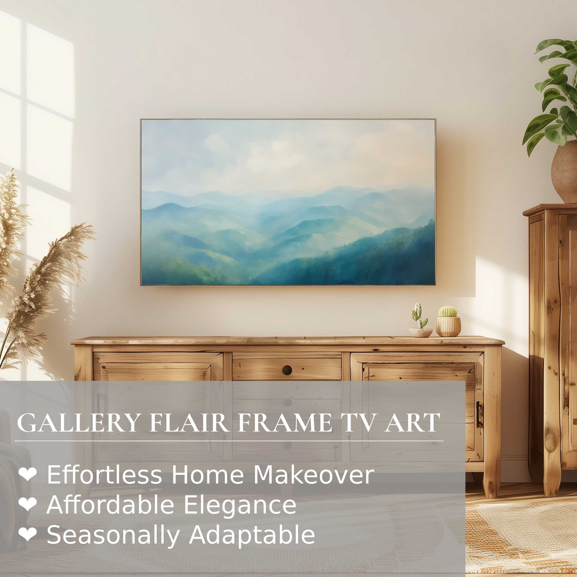Serene summer digital artwork of misty mountains displayed on Samsung Frame TV, perfect for elegant, modern home decor