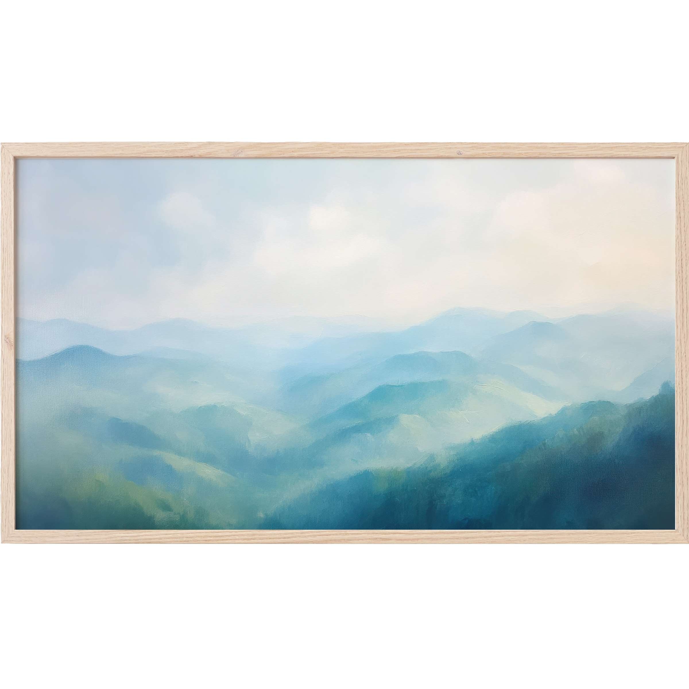 Serene misty mountain layers in soft blues and greens, framed for elegant summer Frame TV Art décor