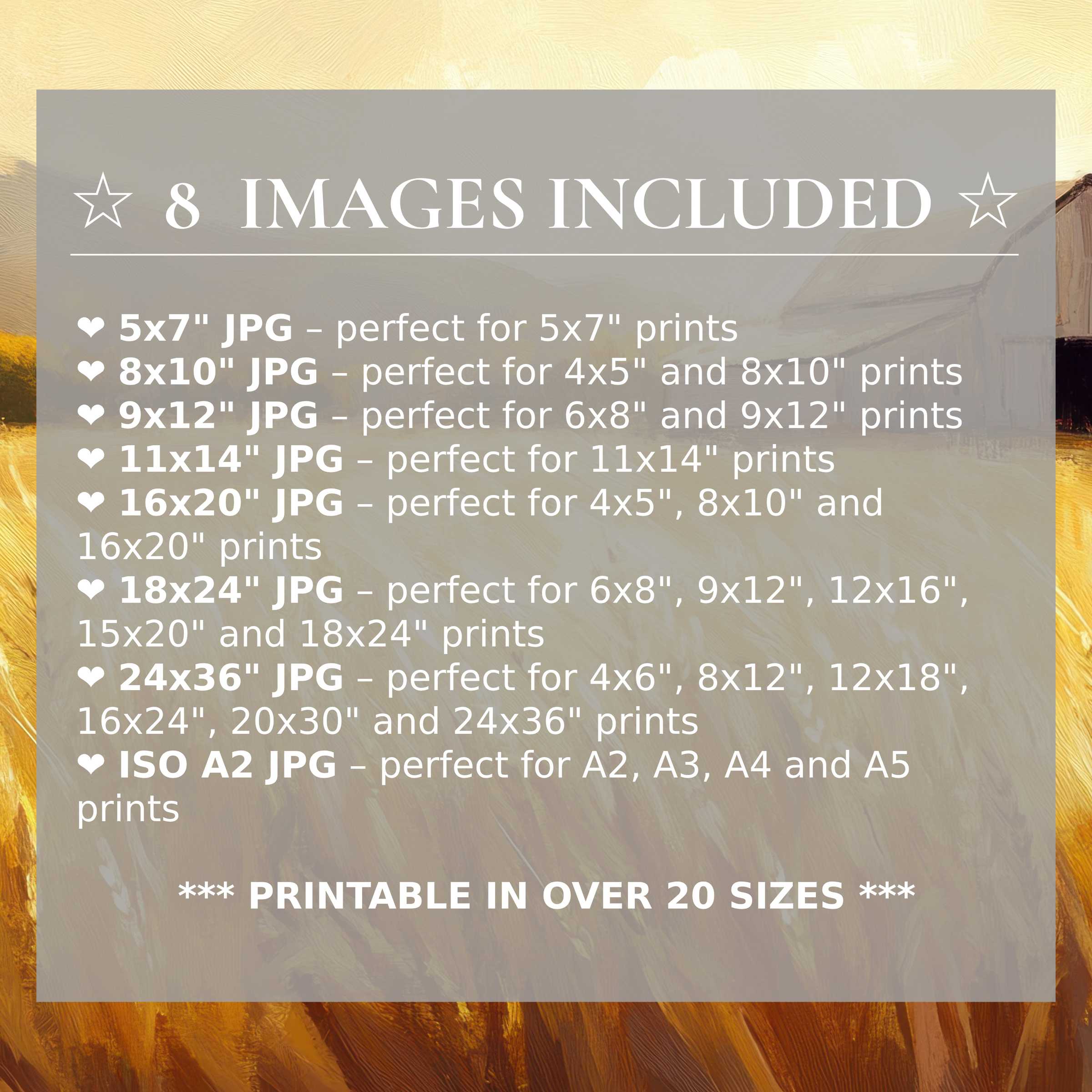Farmhouse digital print in warm golds and soft neutrals evokes serene rustic charm, with 8 high-quality sizes included to elevate modern interiors effortlessly